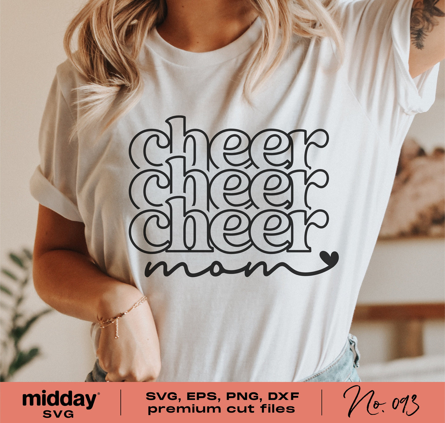 Woman wearing white T-shirt with 'cheer mom' design, showcasing SVG, EPS, PNG, DXF premium cut files.