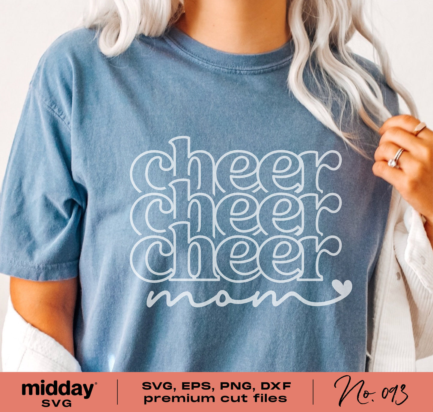 Woman wearing a blue t-shirt with 'cheer mom' design, showcasing SVG, EPS, PNG, DXF cut files by Midday SVG for Cricut and Silhouette.