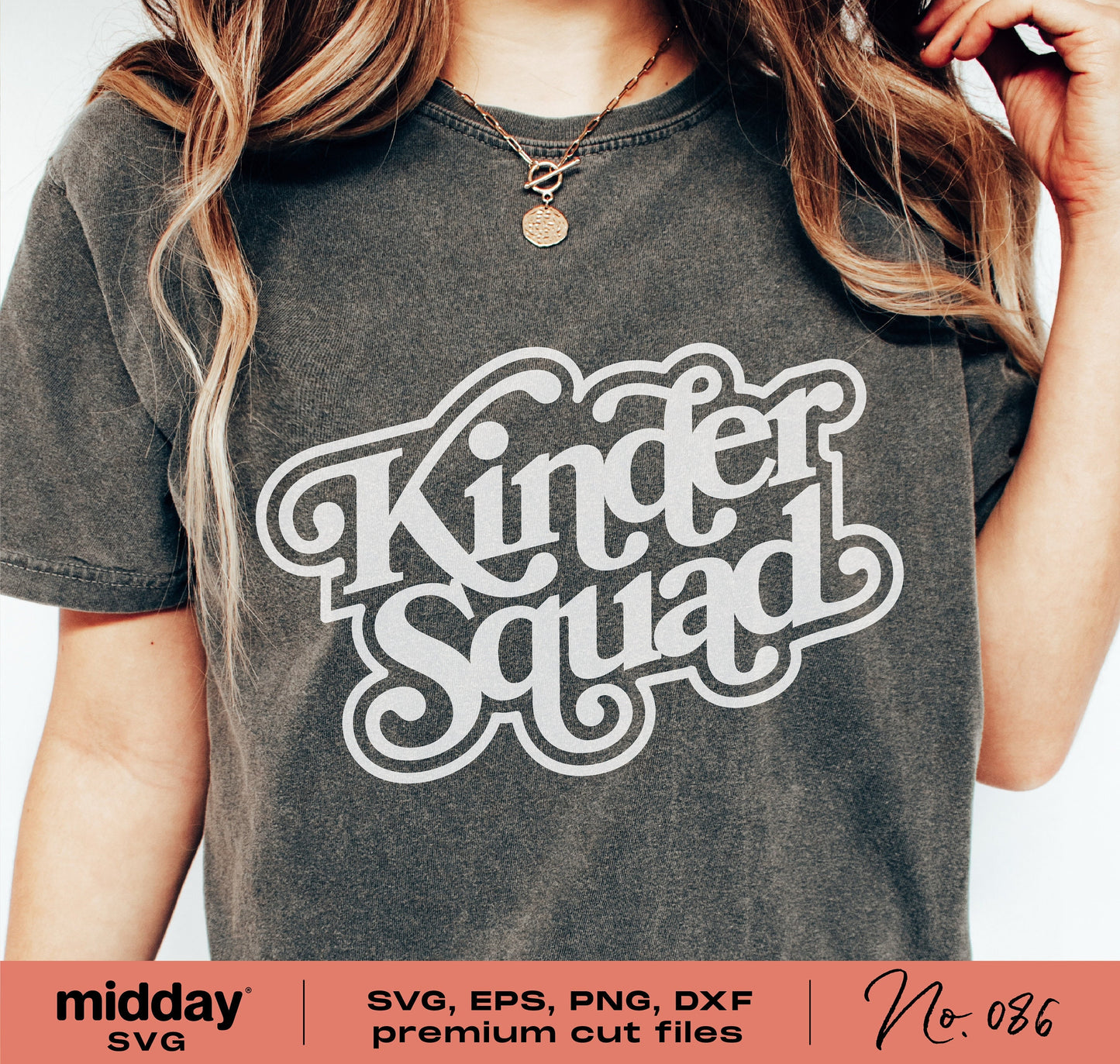 Woman wearing Kinder Squad T-shirt, perfect for kindergarten teachers, featuring SVG cut files for Cricut and Silhouette.