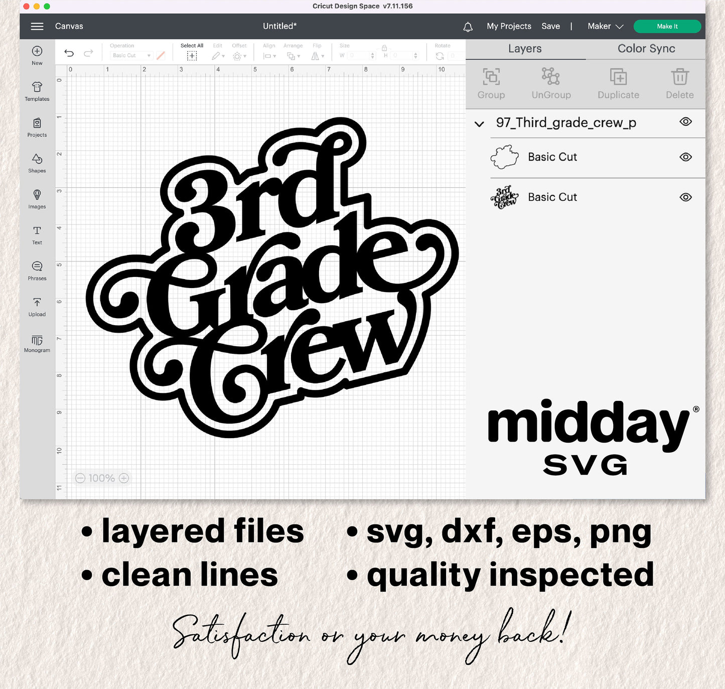 3rd Grade Crew design displayed in Cricut software with SVG, DXF, EPS, PNG file formats, ideal for teacher and student shirts.