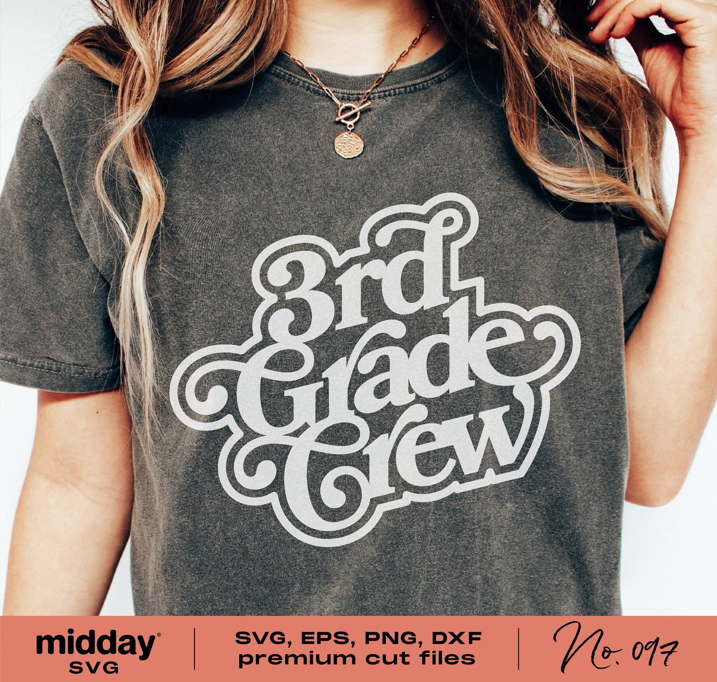 Woman wearing a t-shirt with '3rd Grade Crew' design, suitable for teachers and students, available in SVG, EPS, PNG, DXF formats.