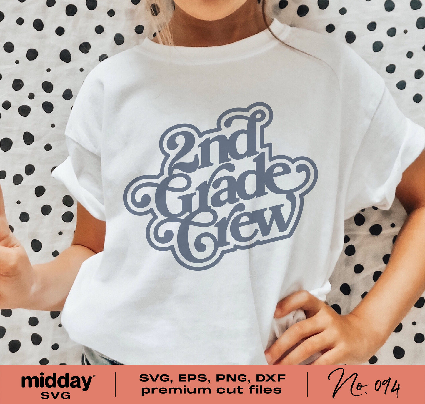Child wearing a t-shirt with '2nd Grade Crew' design, suitable for second graders, teachers, back-to-school; available in SVG, PNG, DXF formats.