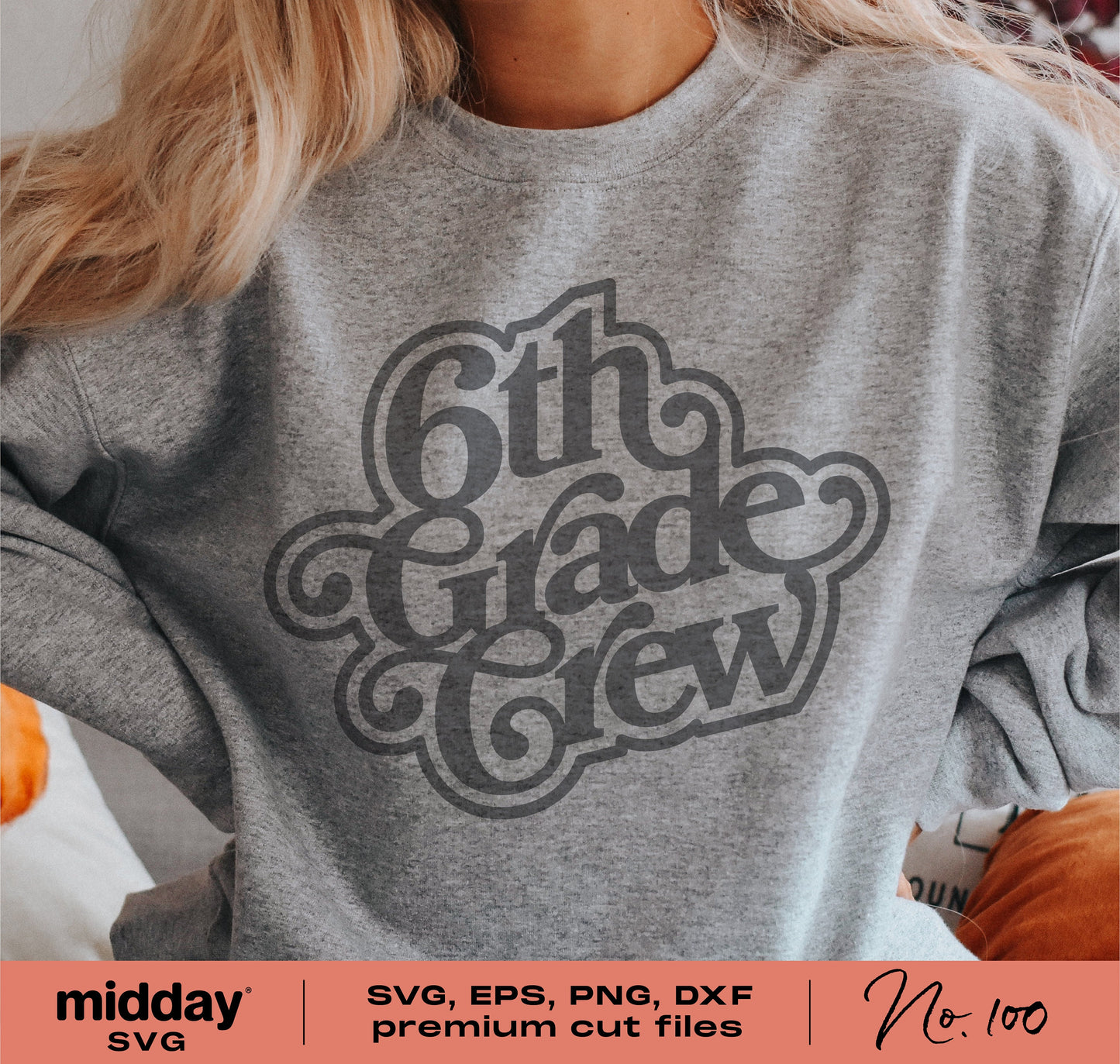 Gray sweatshirt with '6th Grade Crew' retro design, perfect for Sixth Grade teachers and students. Available in SVG, PNG, EPS formats.