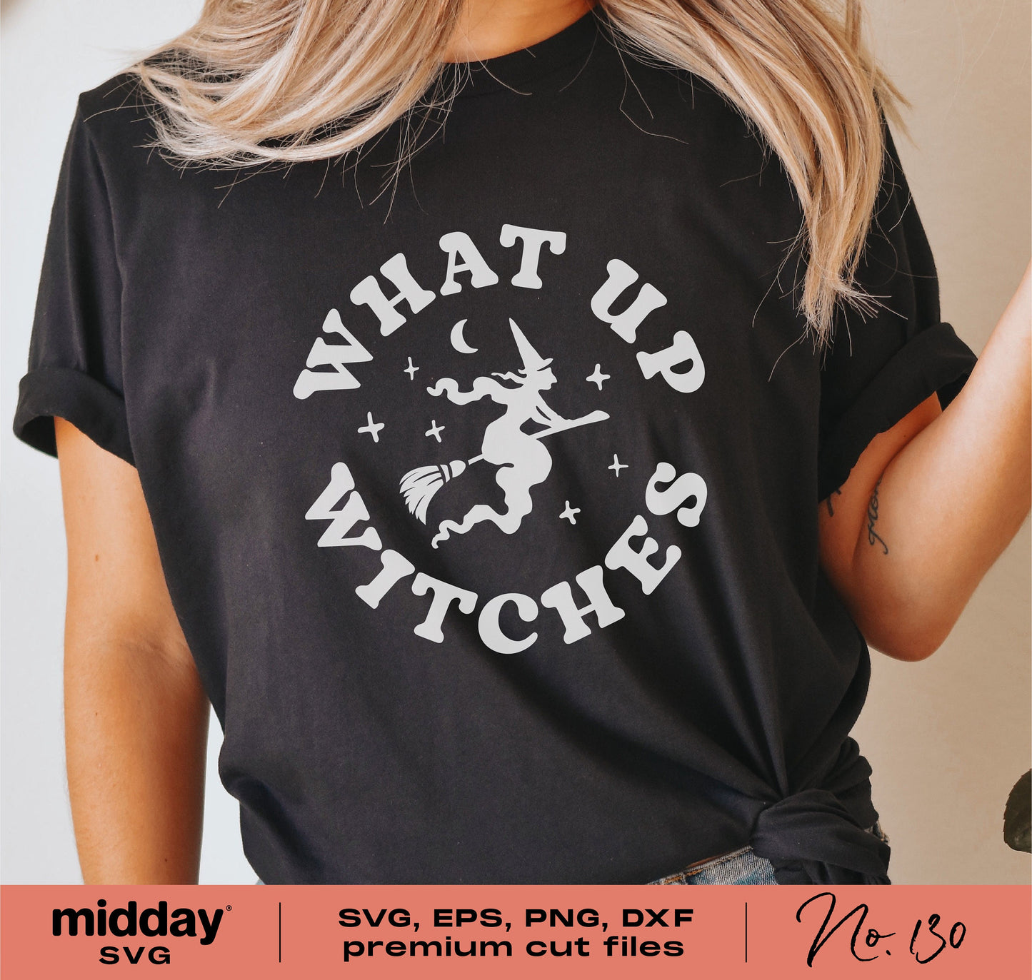 Black t-shirt with 'What Up Witches' design featuring a witch on a broom, perfect for Halloween, available in SVG, EPS, PNG, DXF formats.