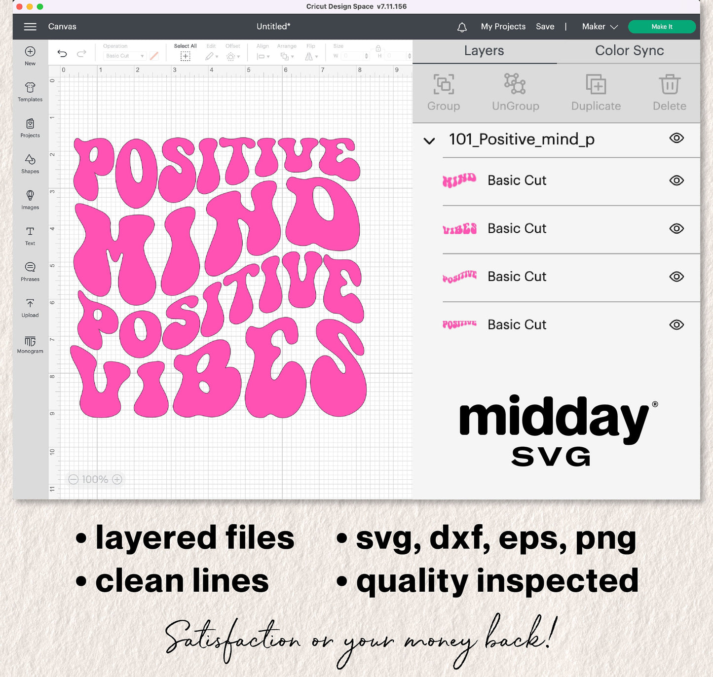 Groovy 'Positive Mind Positive Vibes' SVG with layered design for Cricut, includes svg, dxf, eps, png formats, quality inspected.