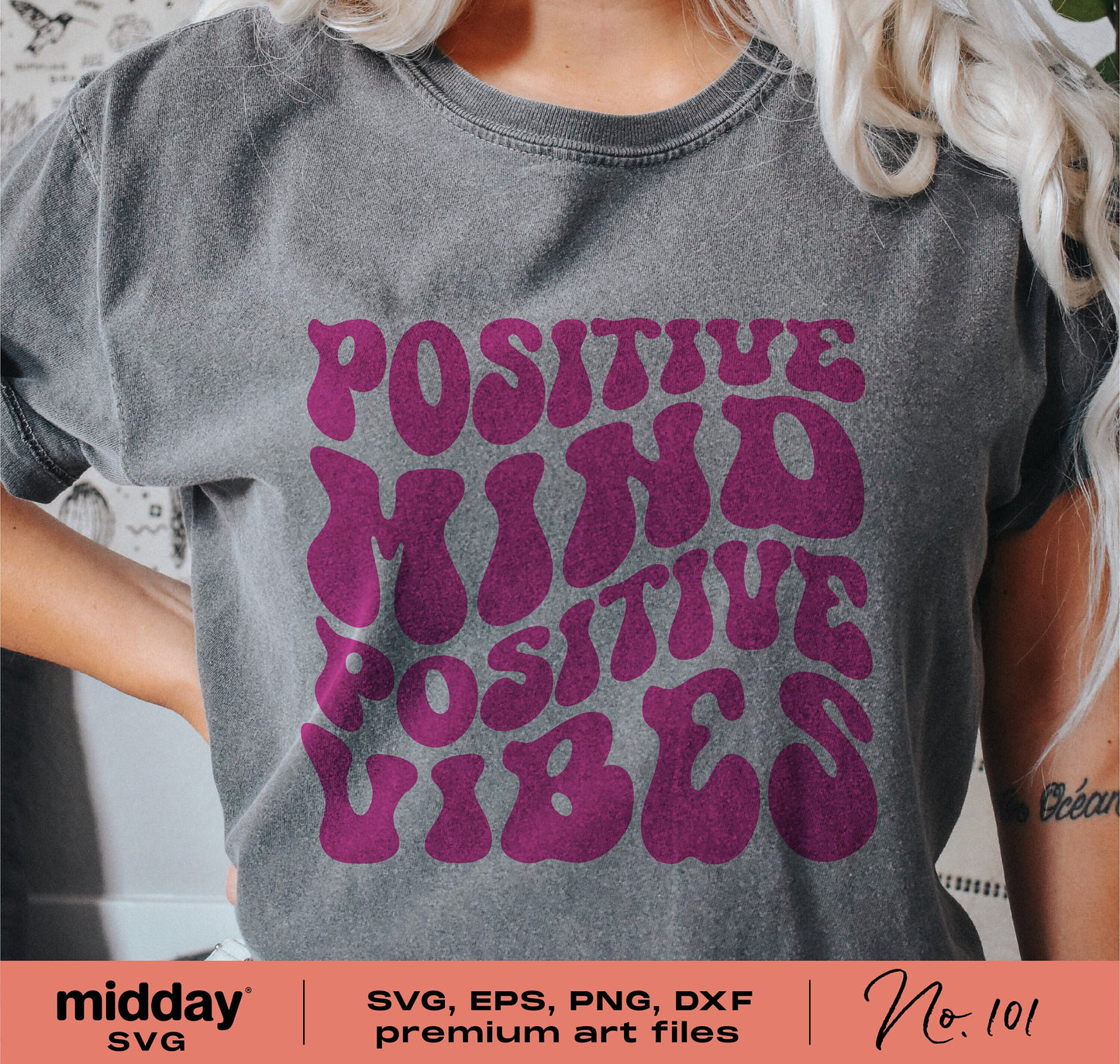 T-shirt with 'Positive Mind Positive Vibes' text in purple, retro style, promoting inspirational mental health and positivity.