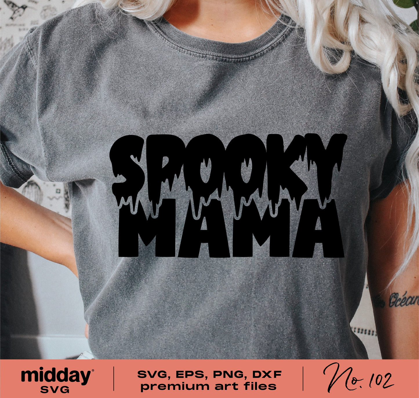 Spooky Mama Halloween shirt SVG design with drippy text, ideal for Cricut and Silhouette crafting, perfect Halloween gift for moms.