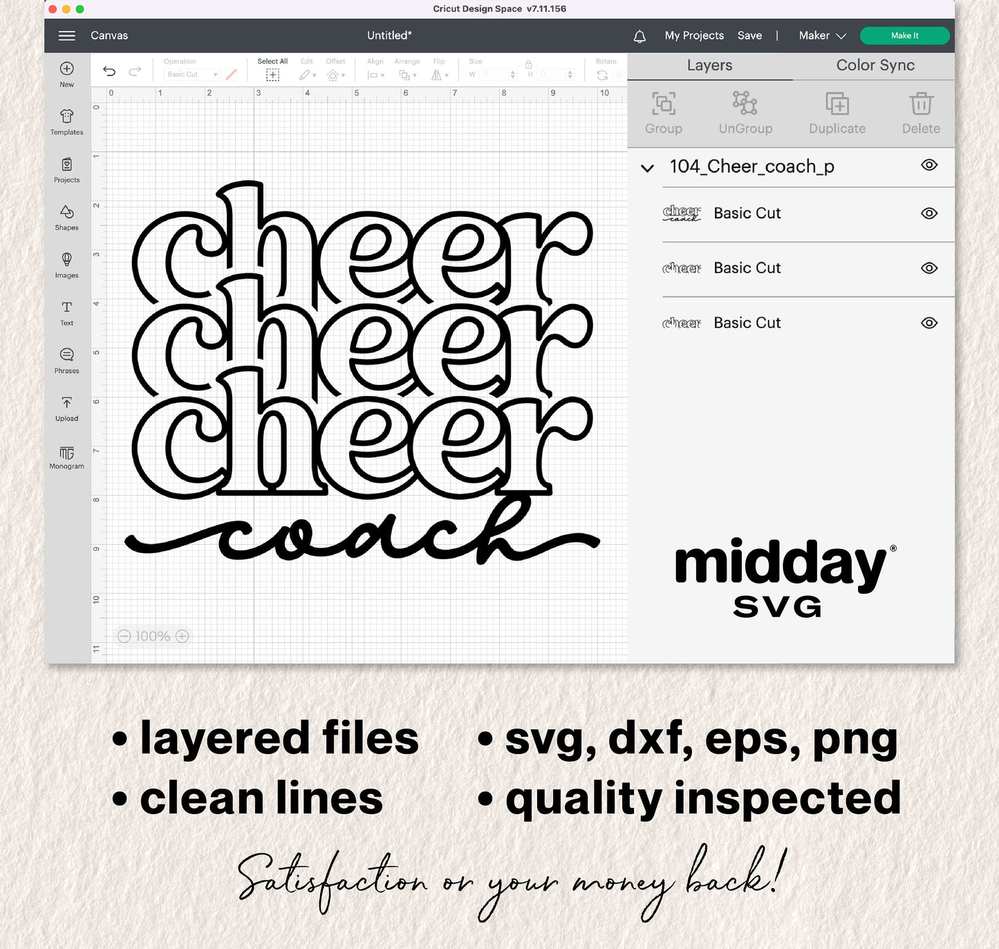 Cheer Coach SVG design shown in Cricut Design Space with bold, layered text, suitable for Cricut and Silhouette projects.