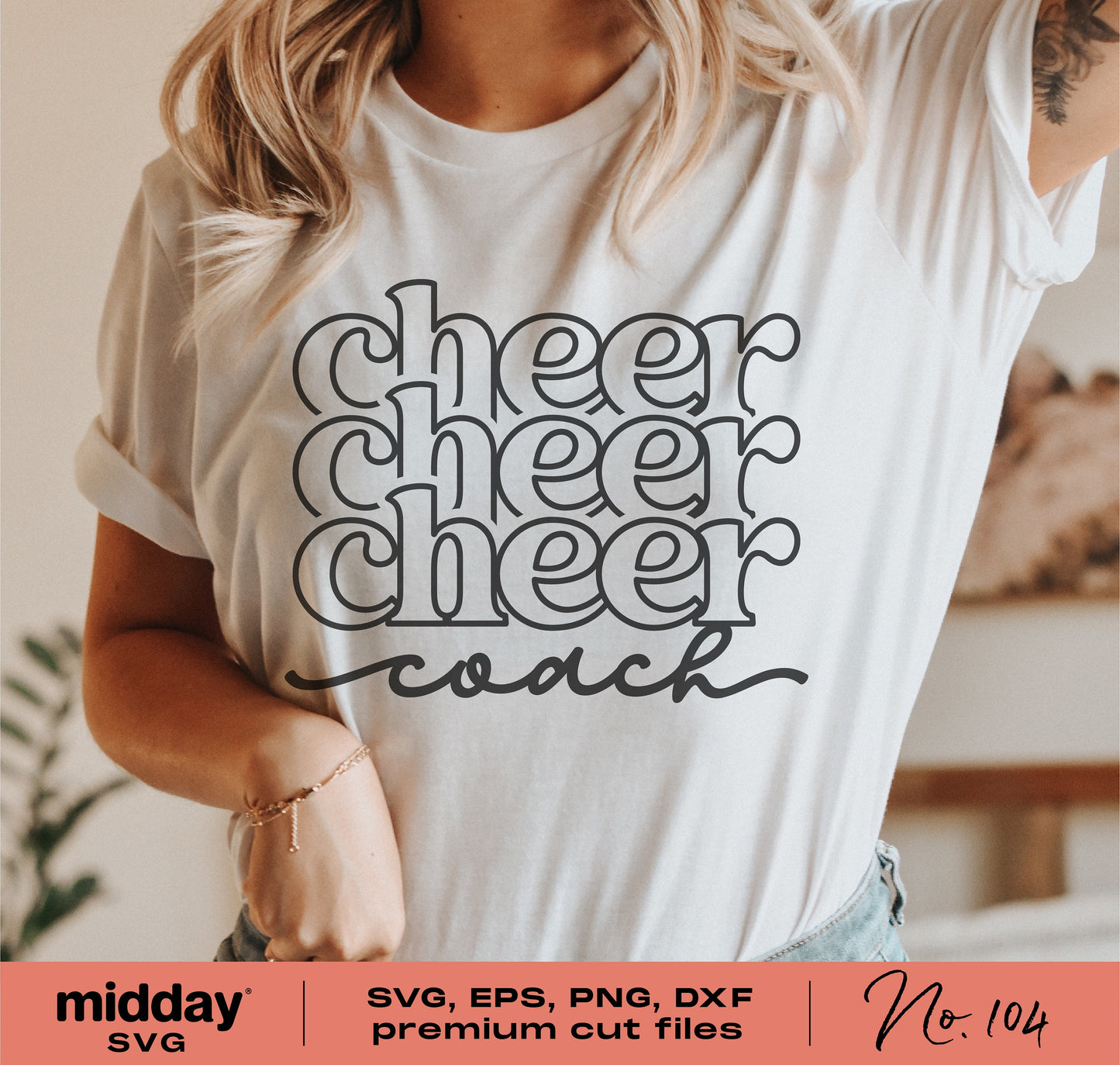 White t-shirt featuring 'cheer cheer cheer coach' text design for Cricut and Silhouette, available in SVG, PNG, DXF, and EPS formats.