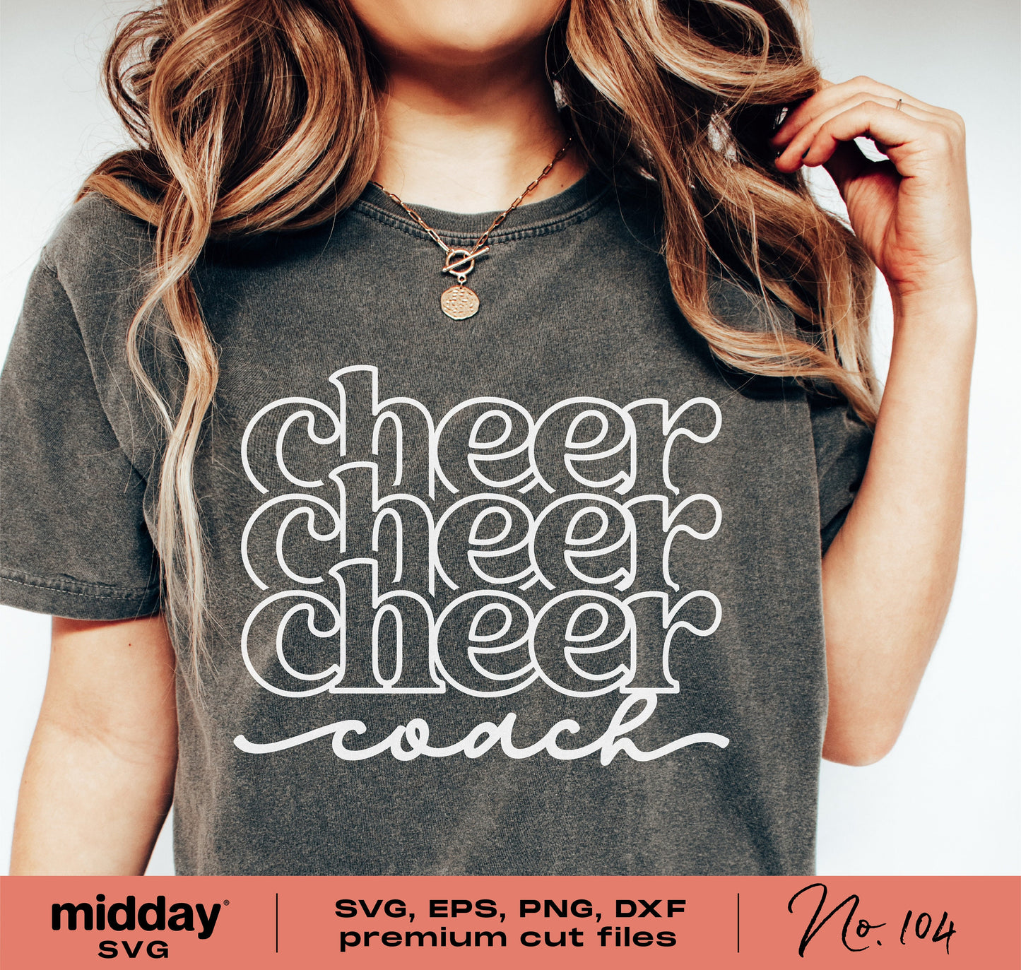 Cheer Coach shirt with "cheer cheer cheer coach" text, available in SVG, EPS, PNG, DXF formats for Cricut and Silhouette.