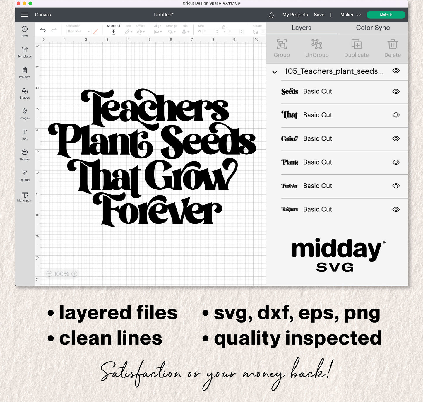 "Teachers Plant Seeds That Grow Forever" SVG design in Cricut Design Space with text overlays on SVG formats and quality assurance.