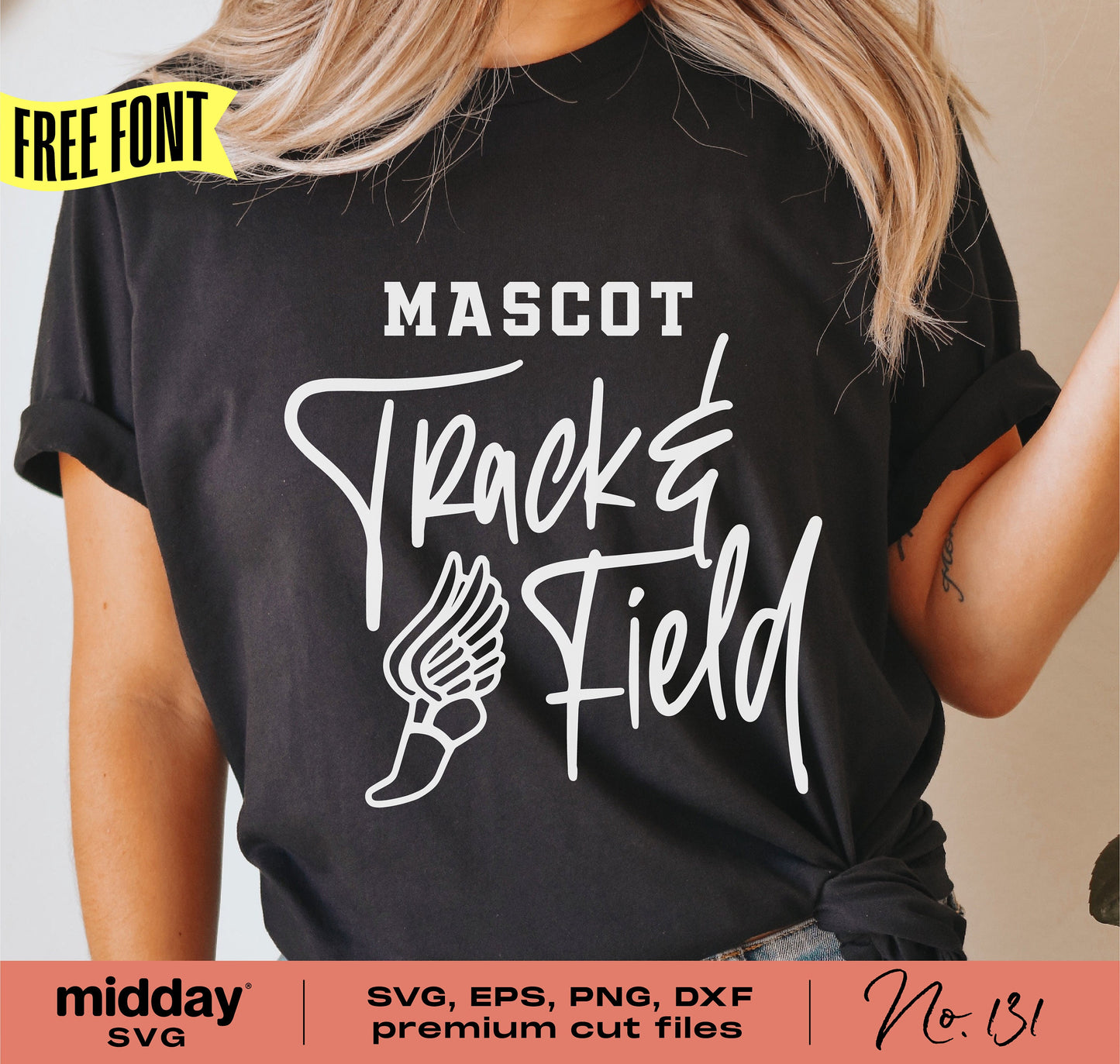 Black t-shirt with 'Mascot Track & Field' design, featuring winged foot graphic. Includes SVG, EPS, PNG, and DXF cut files.