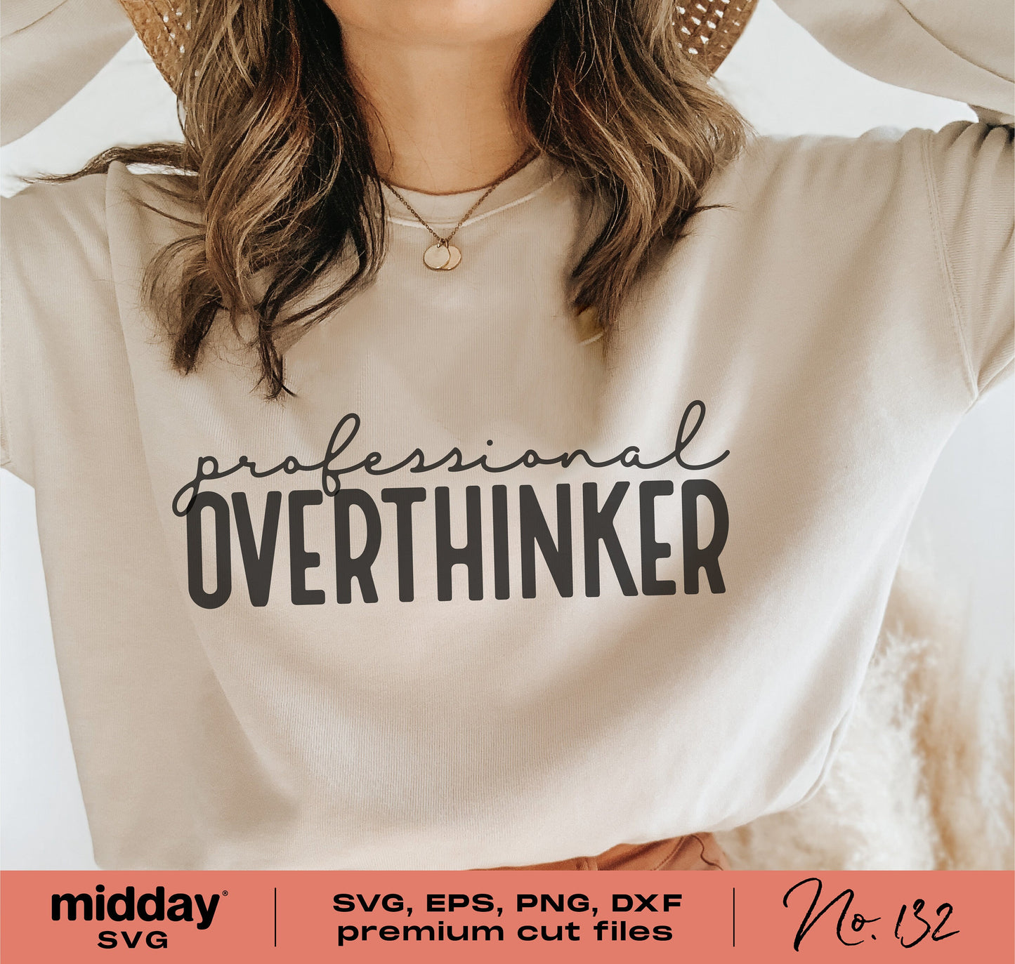 Woman wearing a sweater with 'Professional Overthinker' text design, suitable for Cricut and Silhouette crafting.
