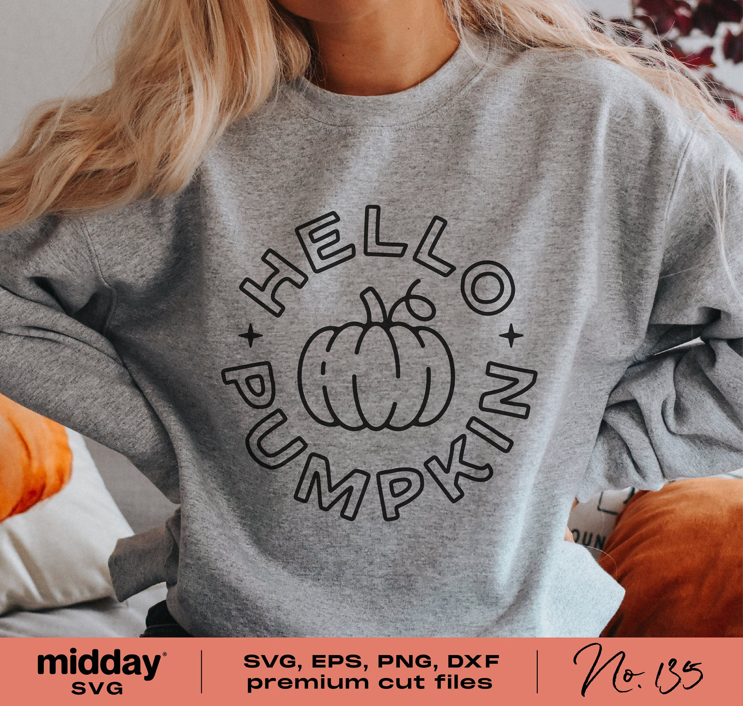 Cozy grey sweatshirt featuring 'Hello Pumpkin' design, perfect for fall and Thanksgiving, available in SVG, EPS, PNG, DXF formats.