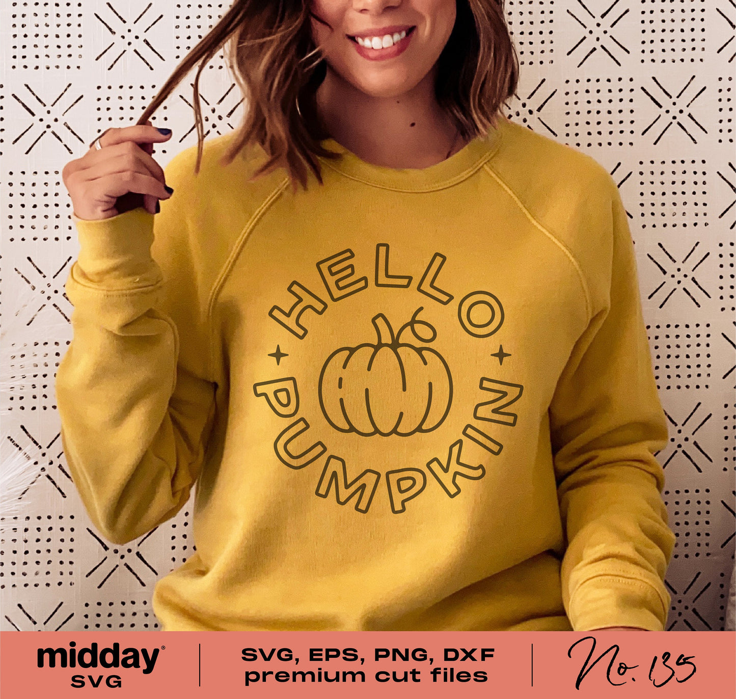 Woman wearing yellow sweatshirt with 'Hello Pumpkin' autumn design, ideal for Cricut and Silhouette cut files, perfect for fall fashion.
