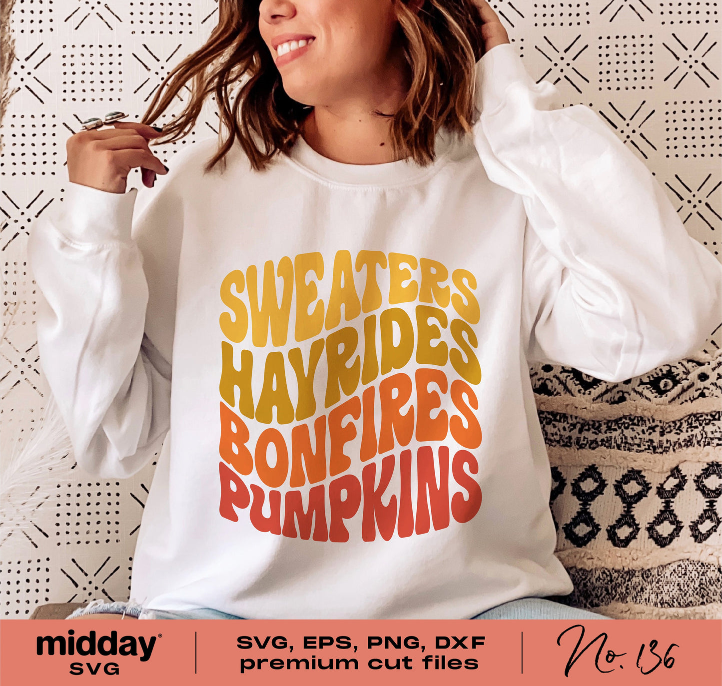 Retro boho sweater with 'Sweaters Hayrides Bonfires Pumpkins' text design, perfect for fall and Thanksgiving, shown on a woman.