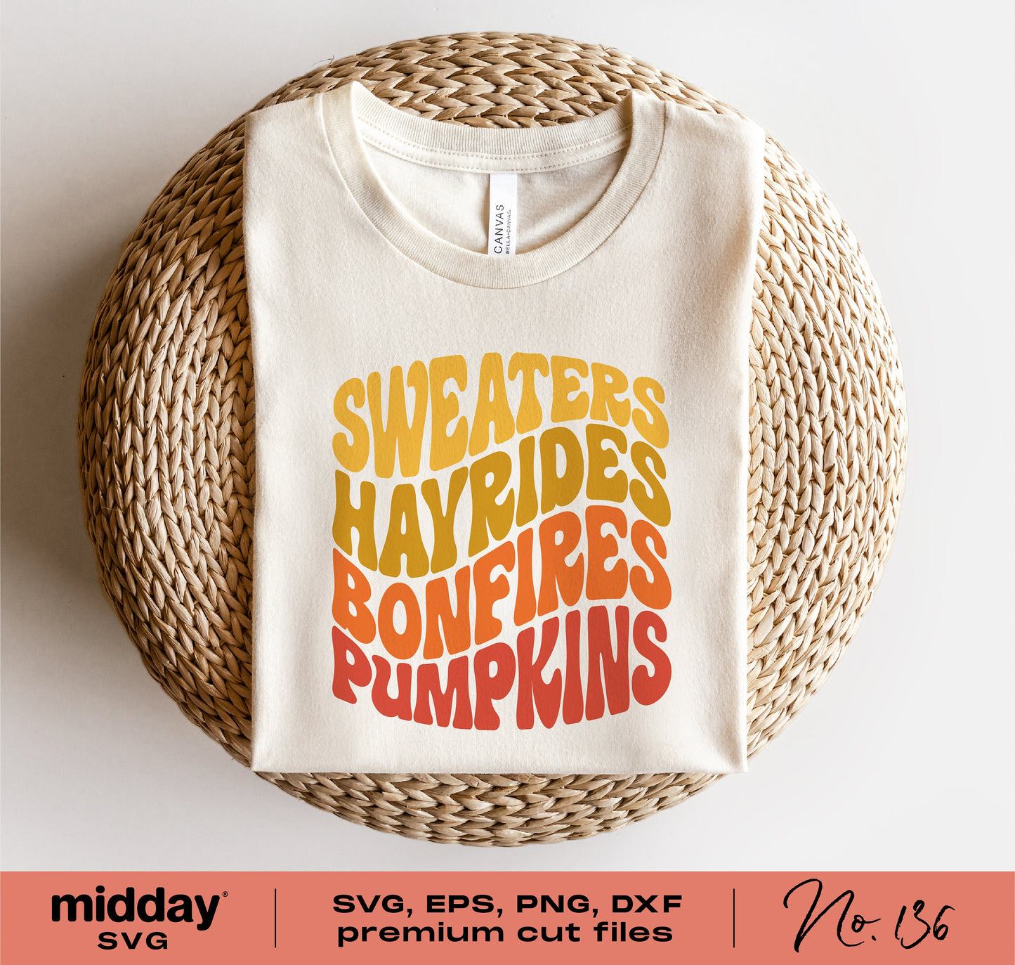 Retro boho fall shirt with text 'Sweaters, Hayrides, Bonfires, Pumpkins' in SVG, PNG, DXF, EPS format for Cricut and Silhouette.