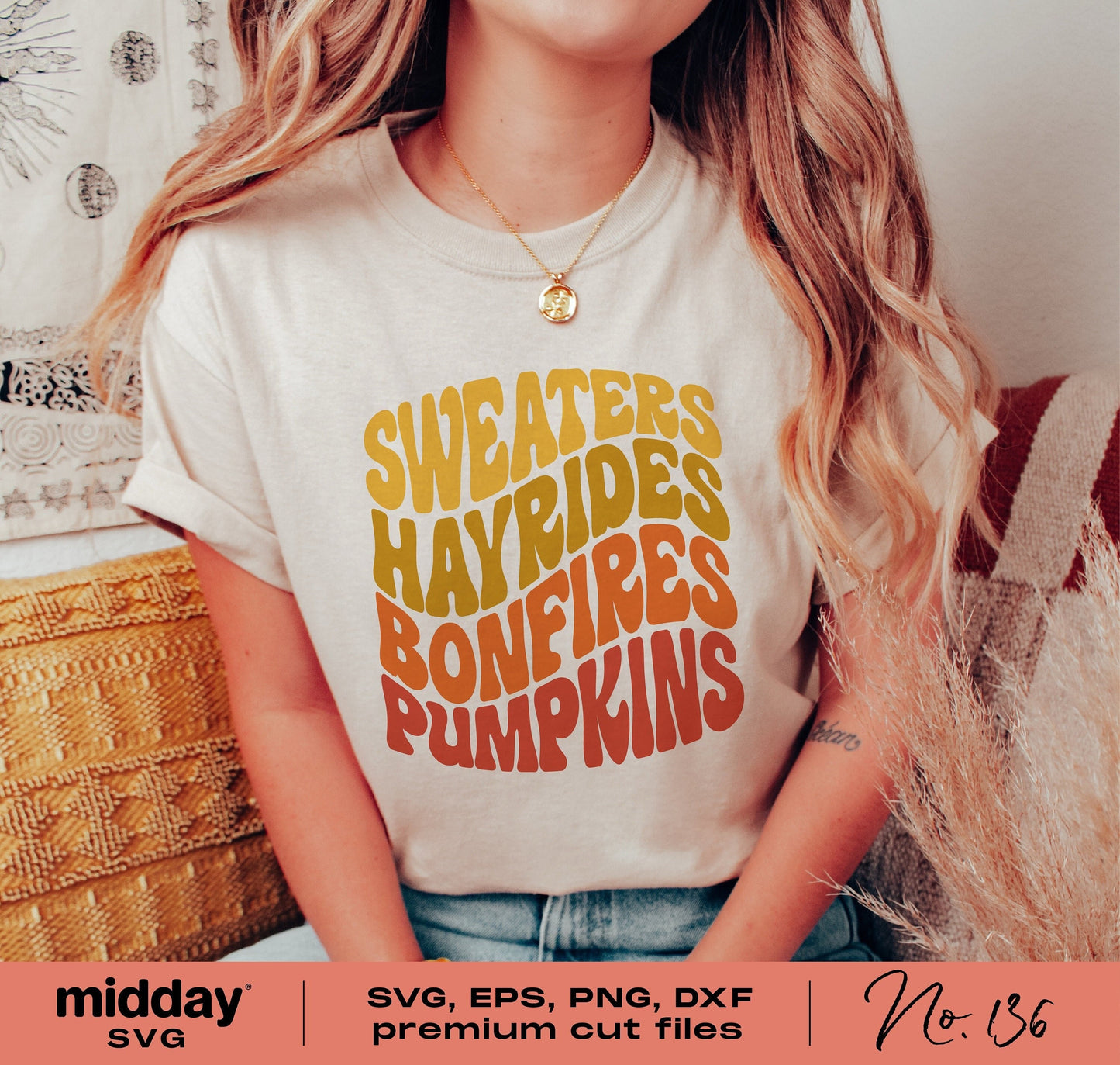 Woman wearing a retro boho fall shirt with 'Sweaters Hayrides Bonfires Pumpkins' design for Cricut and Silhouette cutting, perfect for autumn.