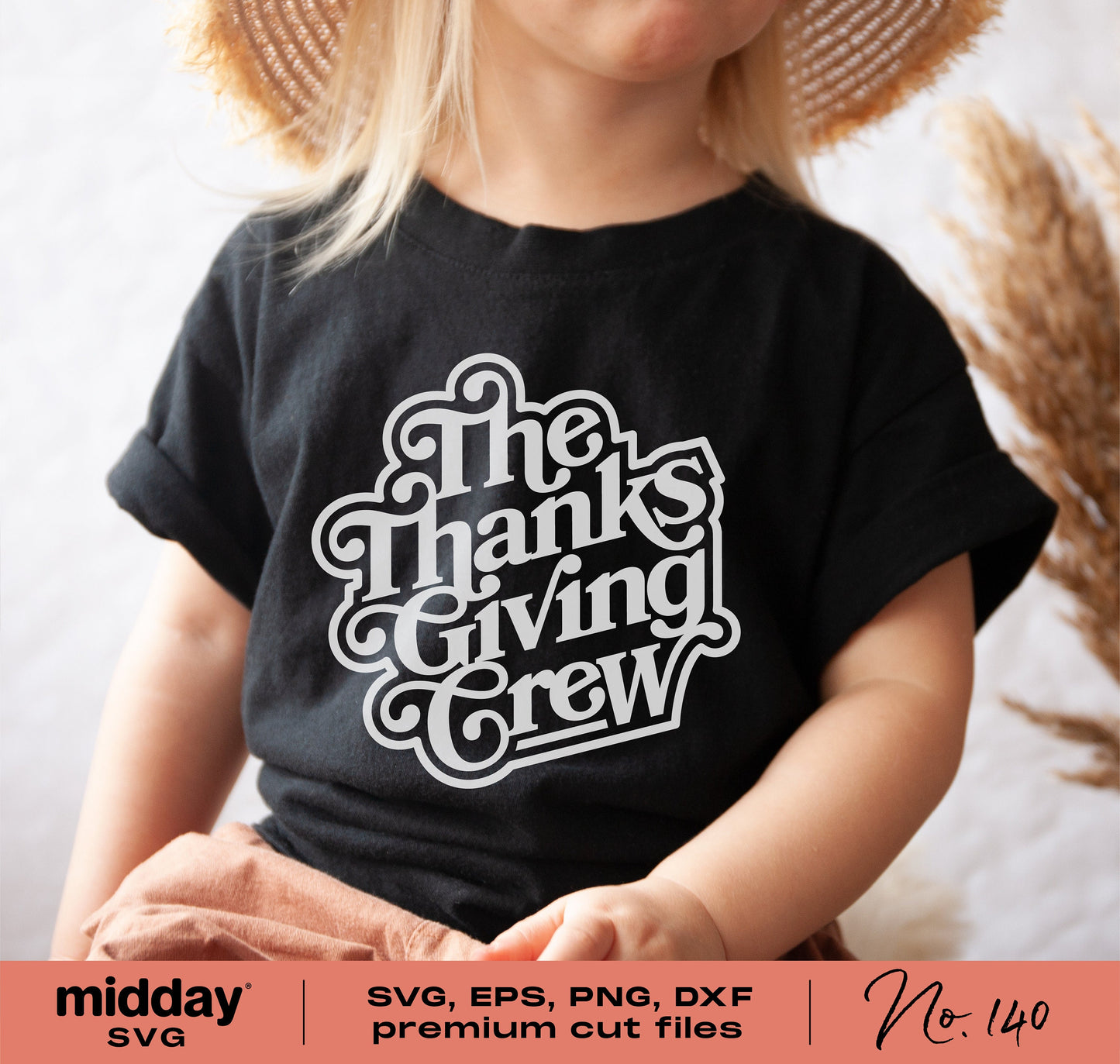 Child wearing a black Thanksgiving Crew shirt, perfect for family outfits; includes SVG, PNG, DXF, EPS files for Cricut and Silhouette.
