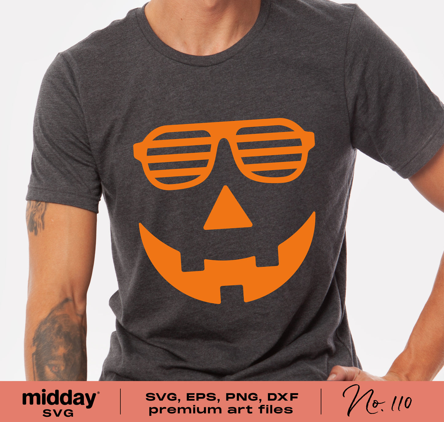 Cool Pumpkin Face shirt with sunglasses design, perfect for Halloween. Available in SVG, PNG, DXF, EPS formats for Cricut and Silhouette.