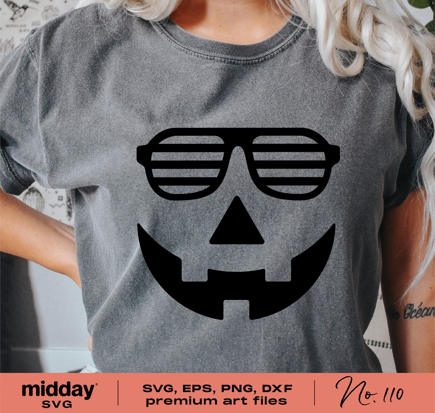 Funny Halloween t-shirt with a cool pumpkin face design, featuring sunglasses and Jack O Lantern smile, available in SVG, PNG, DXF, EPS formats.
