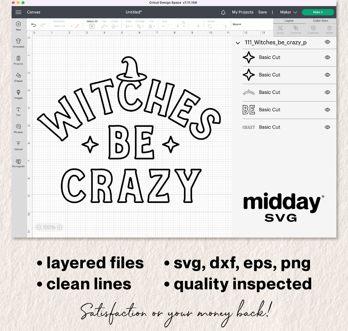 "Witches Be Crazy" SVG design file displayed on Cricut Design Space interface, includes witch hat graphic and file format options.