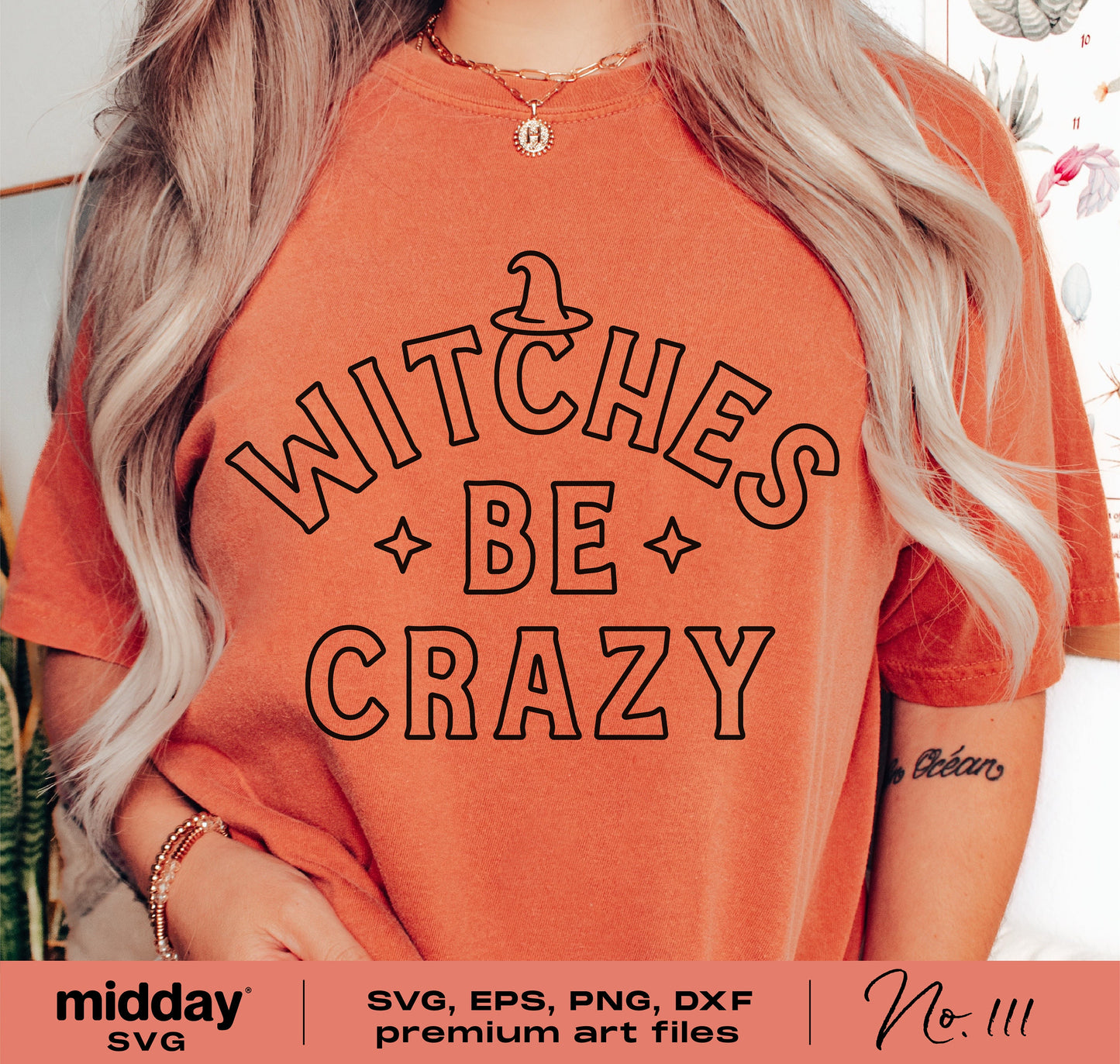 Funny Halloween shirt with 'Witches Be Crazy' text, witch hat graphic, available as SVG, PNG, DXF for Cricut and Silhouette.