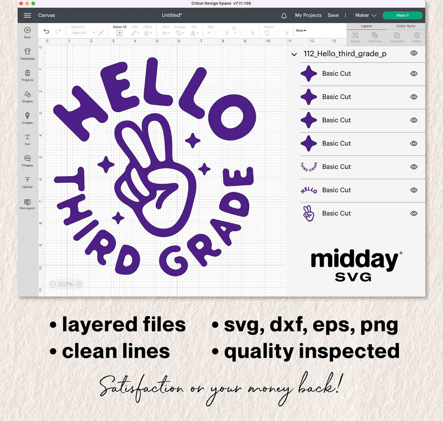 Hello Third Grade SVG design displayed in Cricut Design Space with layers for easy cutting, includes SVG, DXF, EPS, PNG formats.