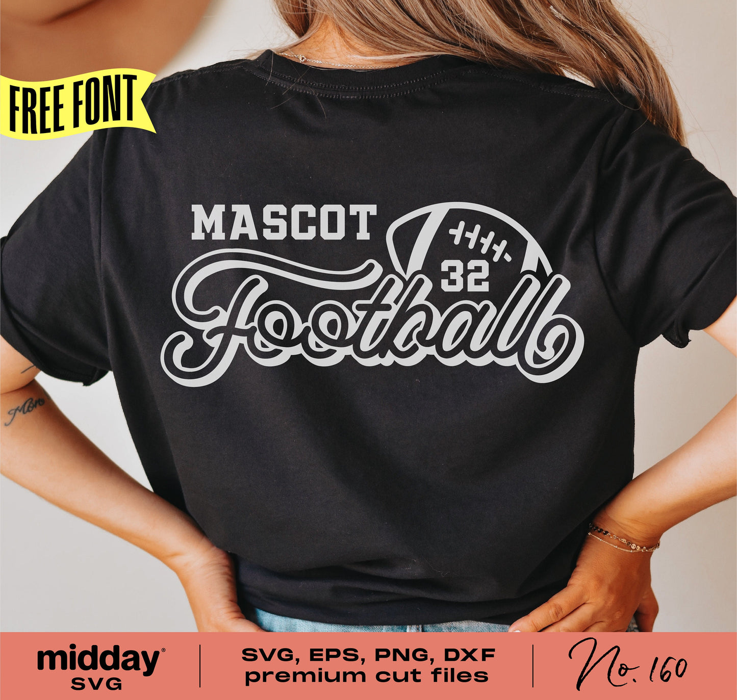 Person wearing a black shirt with a football team design, featuring the word 'MAScot', a football, and number 32. Includes SVG, EPS, PNG, DXF files.