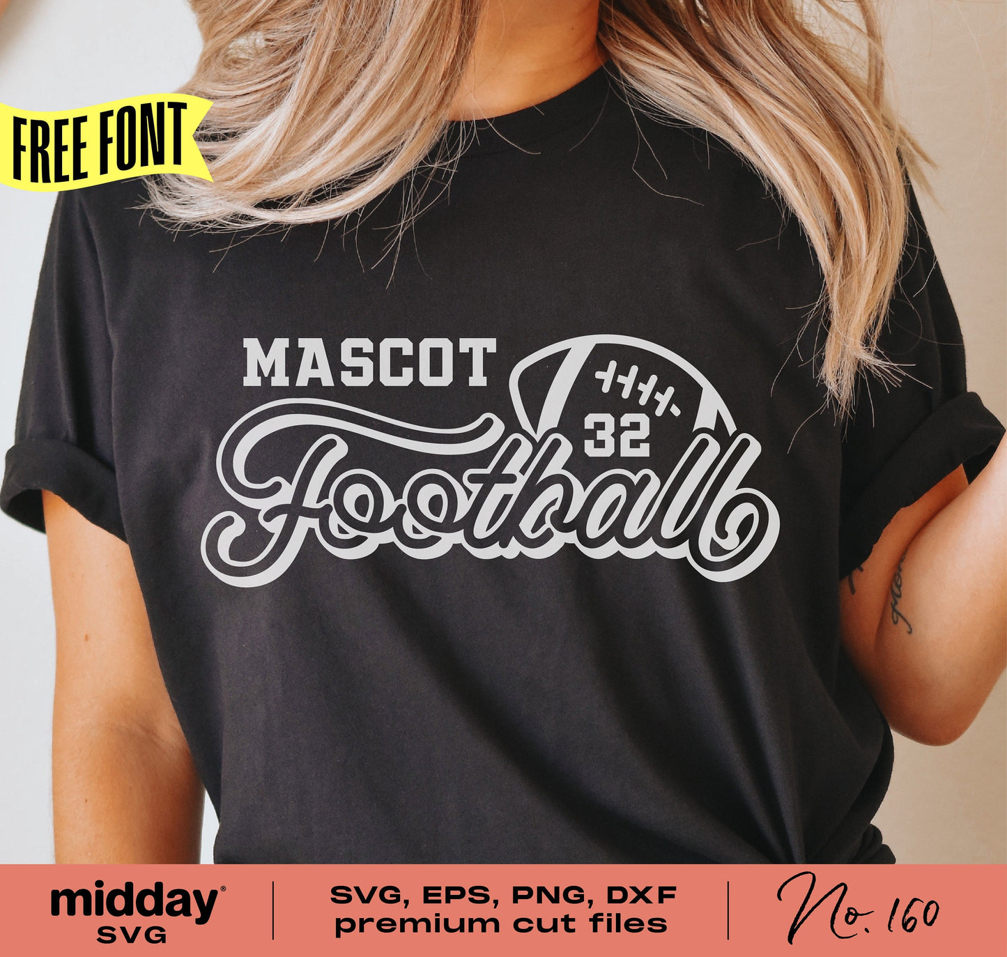Black shirt with 'Mascot 32 Football' design, available in SVG, EPS, PNG, DXF formats, ideal for DIY projects and Cricut users.