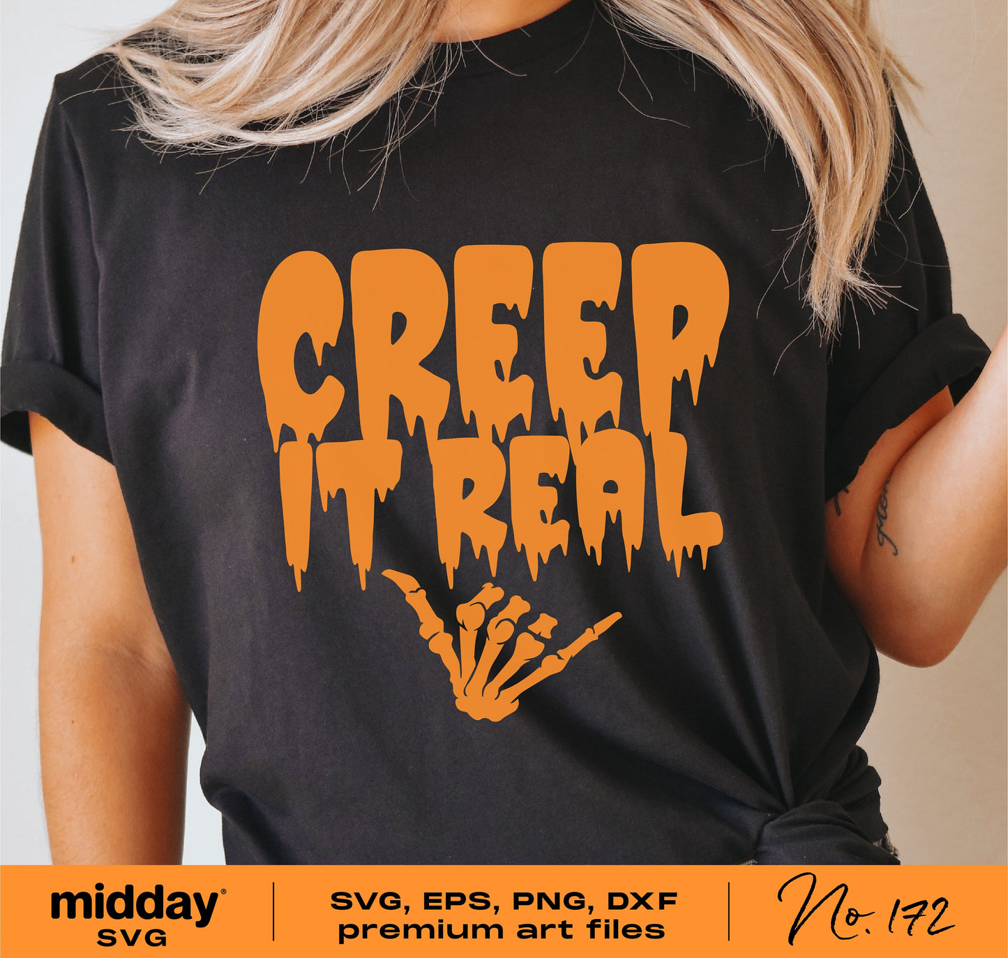 Black Halloween shirt with "Creep It Real" design in orange, featuring skeleton hands, part of a Halloween SVG bundle for Cricut and Crafts.