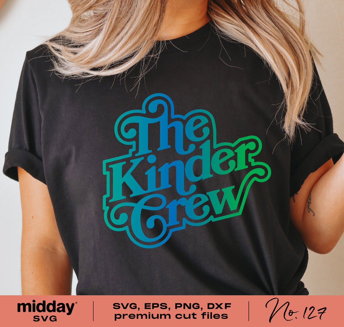 Black t-shirt with 'The Kinder Crew' design in blue and green, featuring SVG, PNG, DXF, EPS Cricut cut files for Kindergarten teachers.