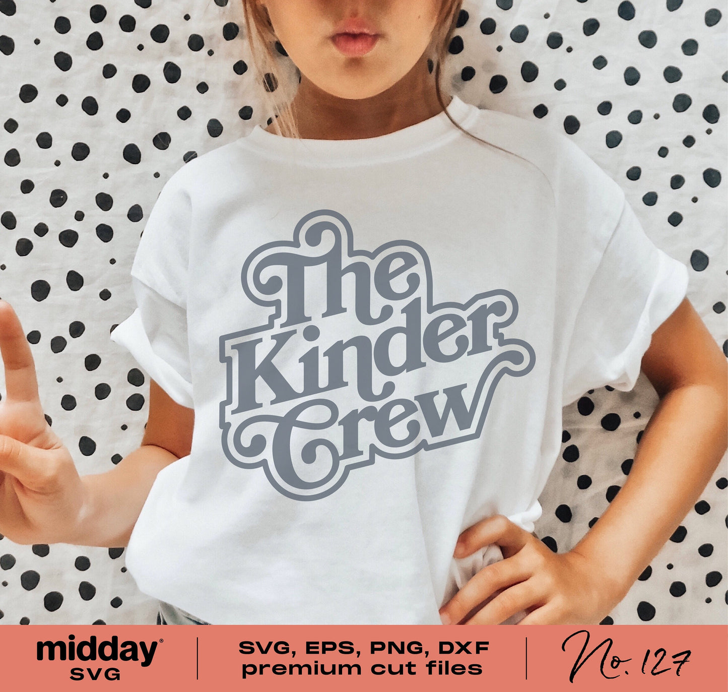 Child wearing 'The Kinder Crew' shirt, ideal for kindergarten teachers, features SVG, EPS, PNG, DXF formats for Cricut and Silhouette.
