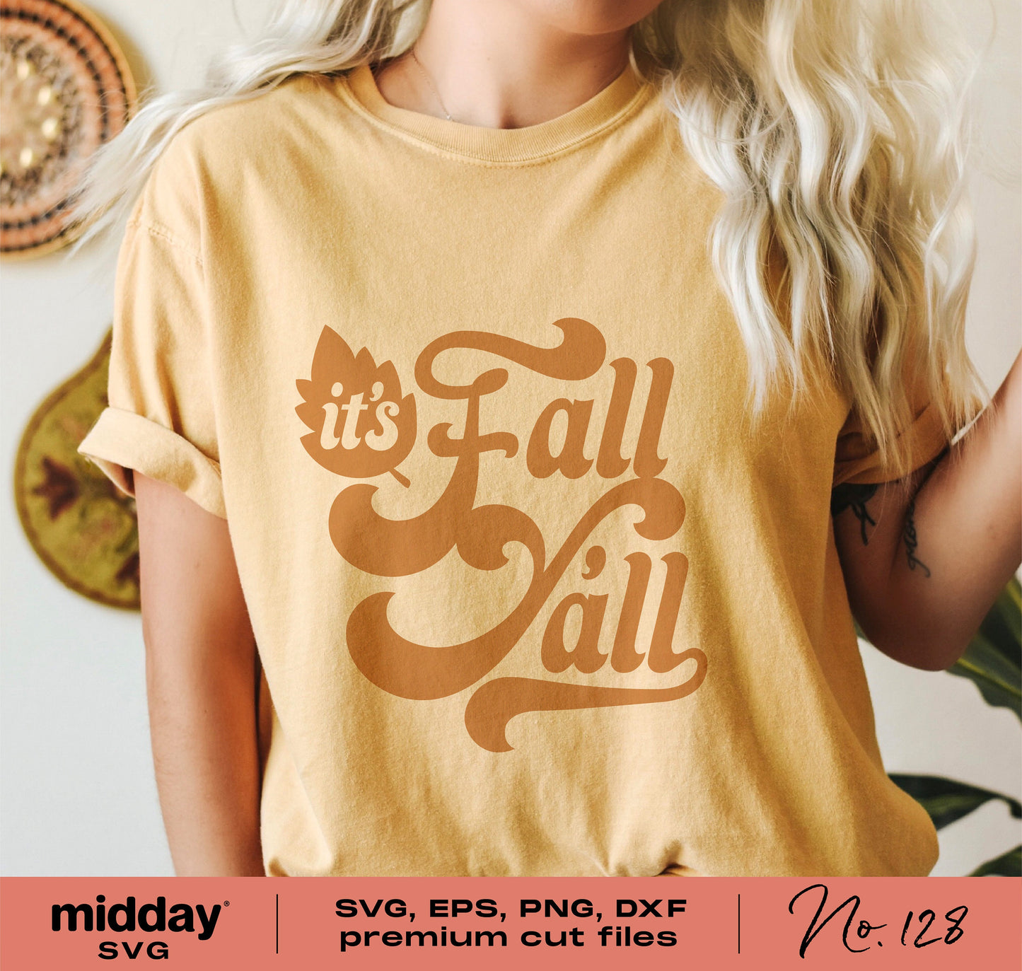 Woman wearing 'It's Fall Y'all' shirt, showcasing fall-themed SVG design for Cricut and Silhouette projects.