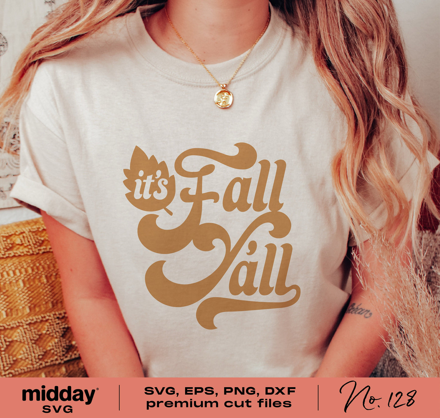 Woman wearing a cream t-shirt with 'It's Fall Y'all' design in brown, suitable for Cricut and Silhouette projects, perfect fall fashion.