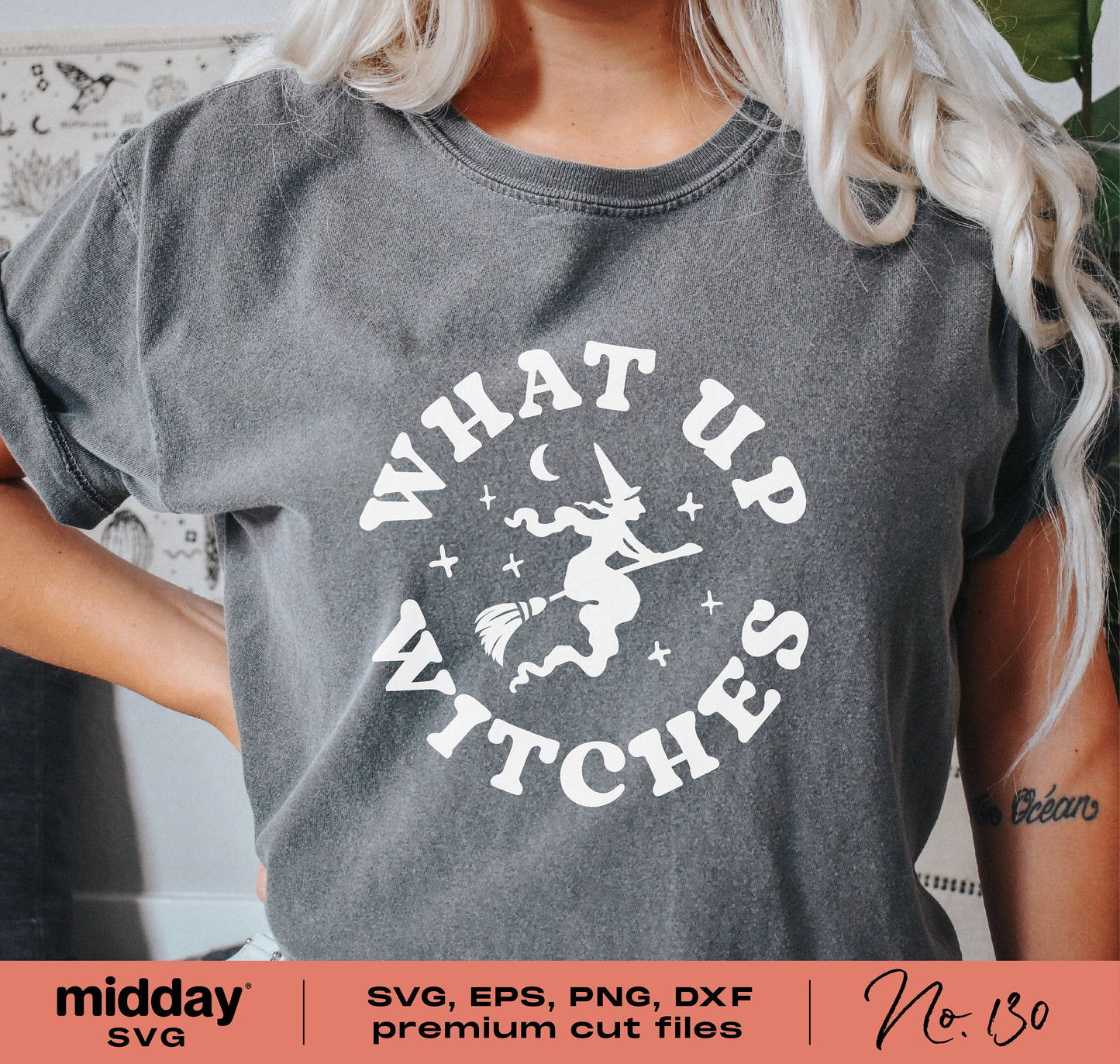 Gray t-shirt with 'What Up Witches' graphic, featuring a witch on a broomstick, ideal for Halloween and Cricut projects.