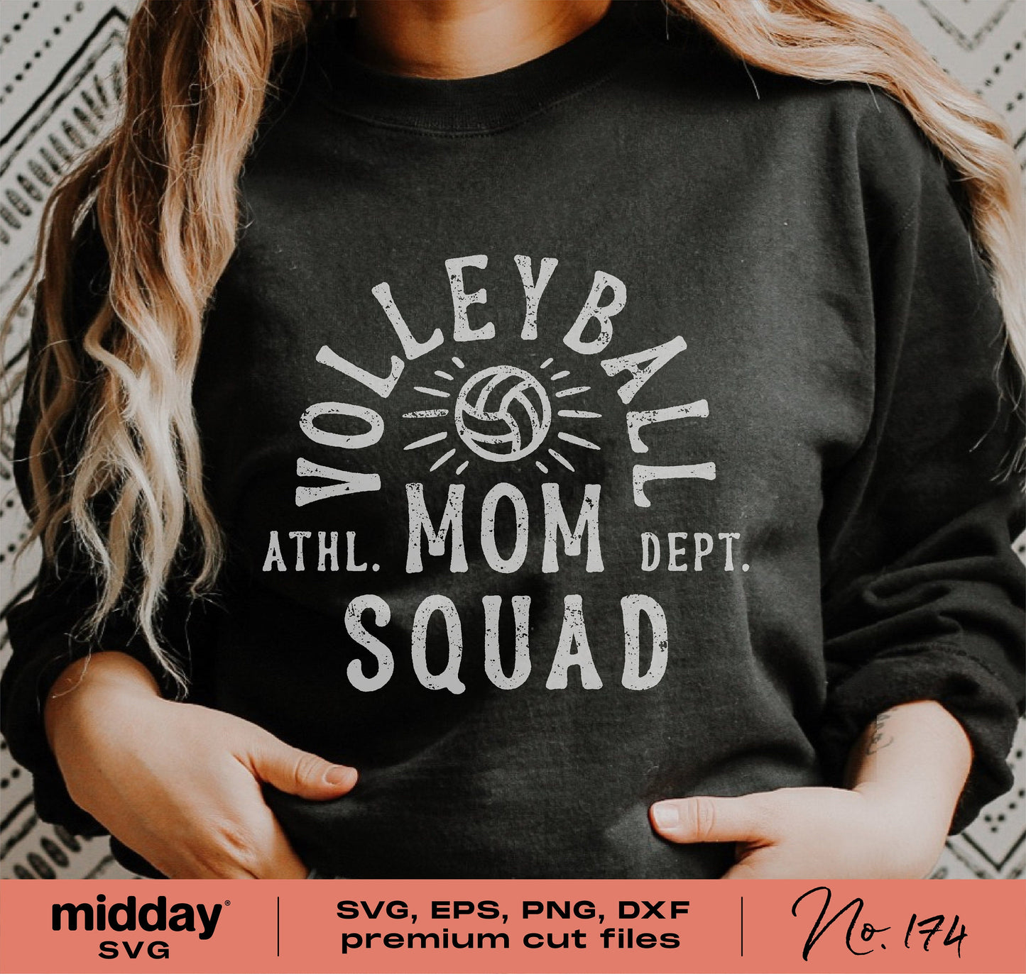 Person wearing a black sweatshirt with 'Volleyball Mom Squad' design, suitable for Cricut and Silhouette projects.
