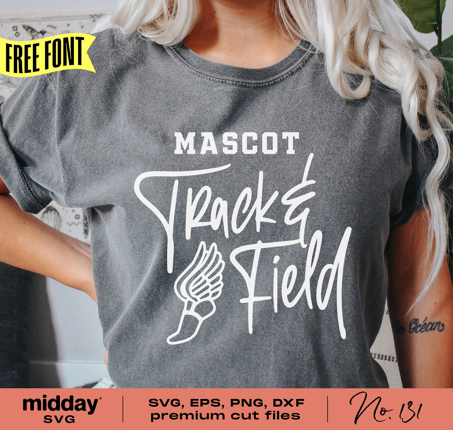 Person wearing a gray mascot track and field shirt with winged foot design; includes SVG, EPS, PNG, DXF premium cut files by Midday SVG.