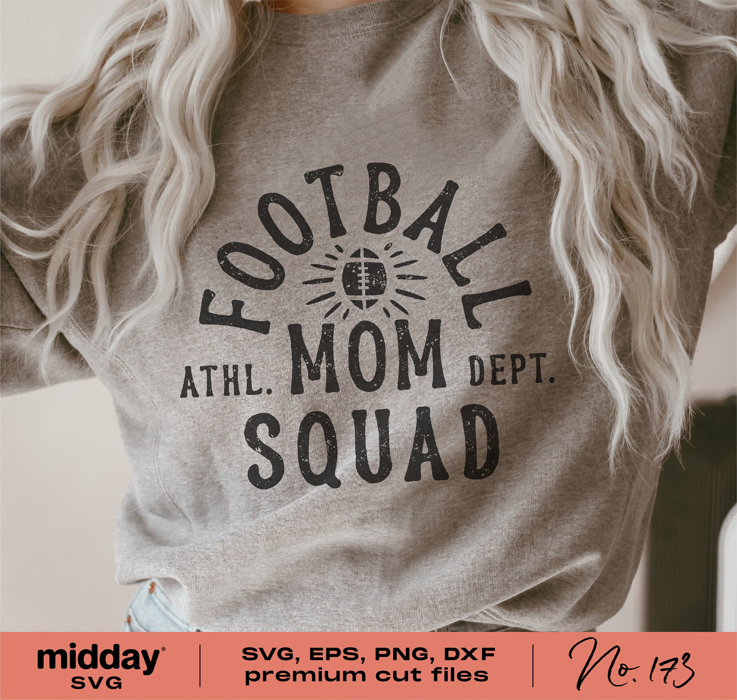 Gray shirt with 'Football Mom Squad' design, ideal for Cricut and Silhouette crafts, featuring SVG, PNG, DXF, and EPS formats.