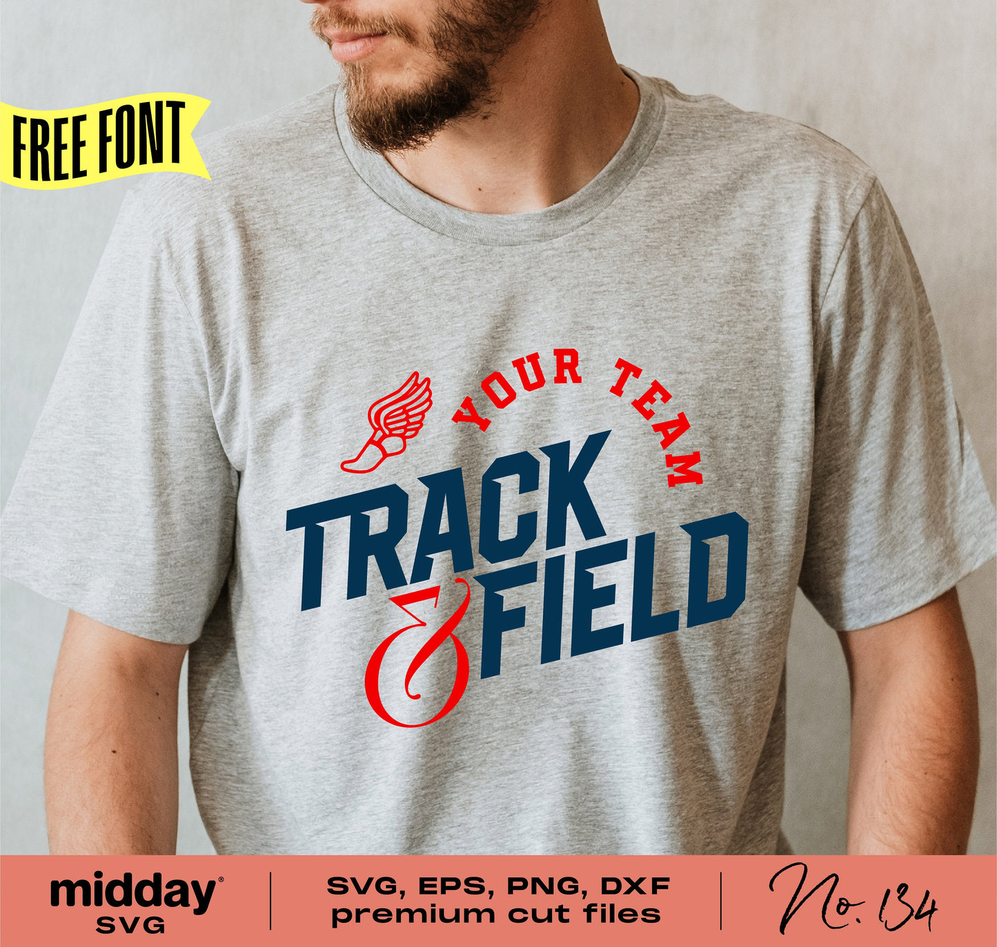 Gray t-shirt with 'Your Team Track & Field' design, featuring a wing graphic, available in SVG, EPS, PNG, DXF formats for Cricut and Silhouette.