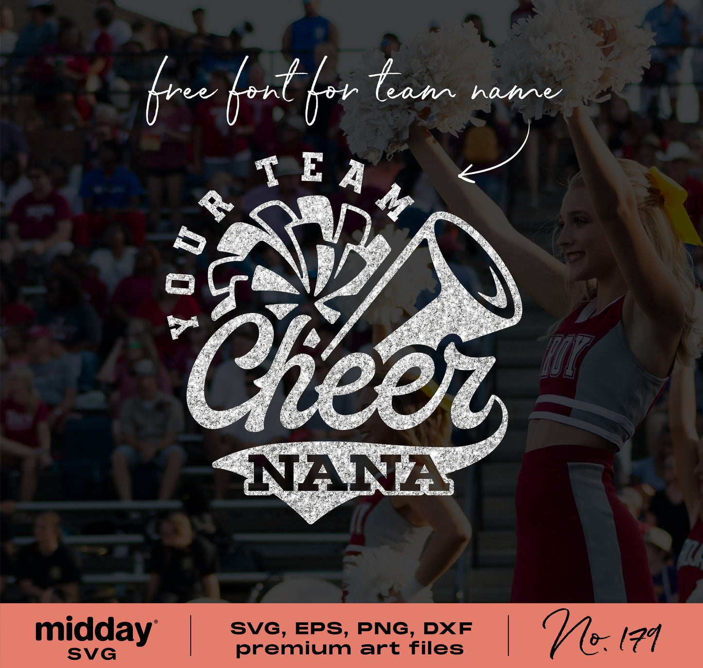 Cheer Nana SVG design with cheerleader megaphone for Cricut and Silhouette. Features free team name font. Available in SVG, EPS, PNG, DXF.