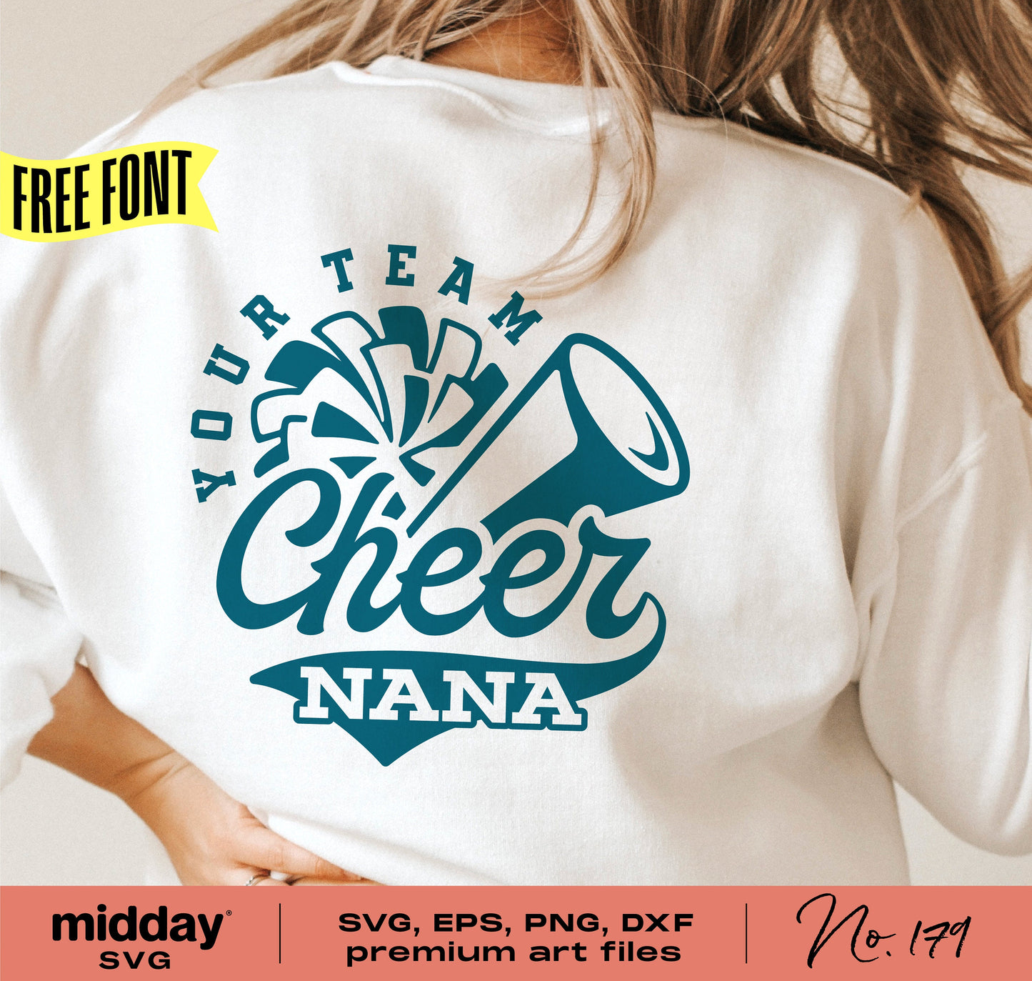 Cheer Nana shirt design with megaphone and pom-pom, available in SVG, PNG, DXF formats for Cricut and Silhouette use