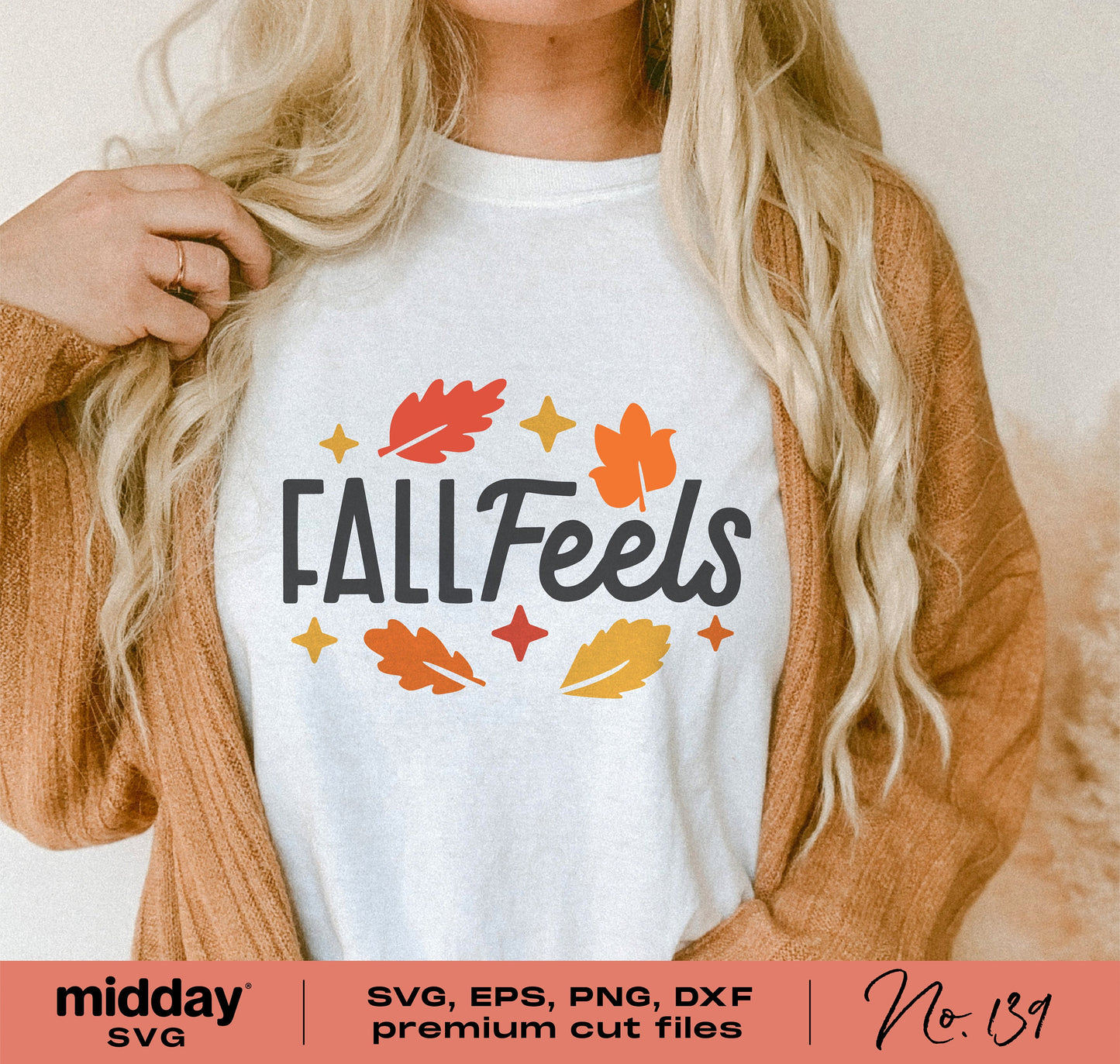 Woman wearing Fall Feels shirt with autumn leaves design, available in SVG, PNG, DXF, EPS formats for Cricut and Silhouette.
