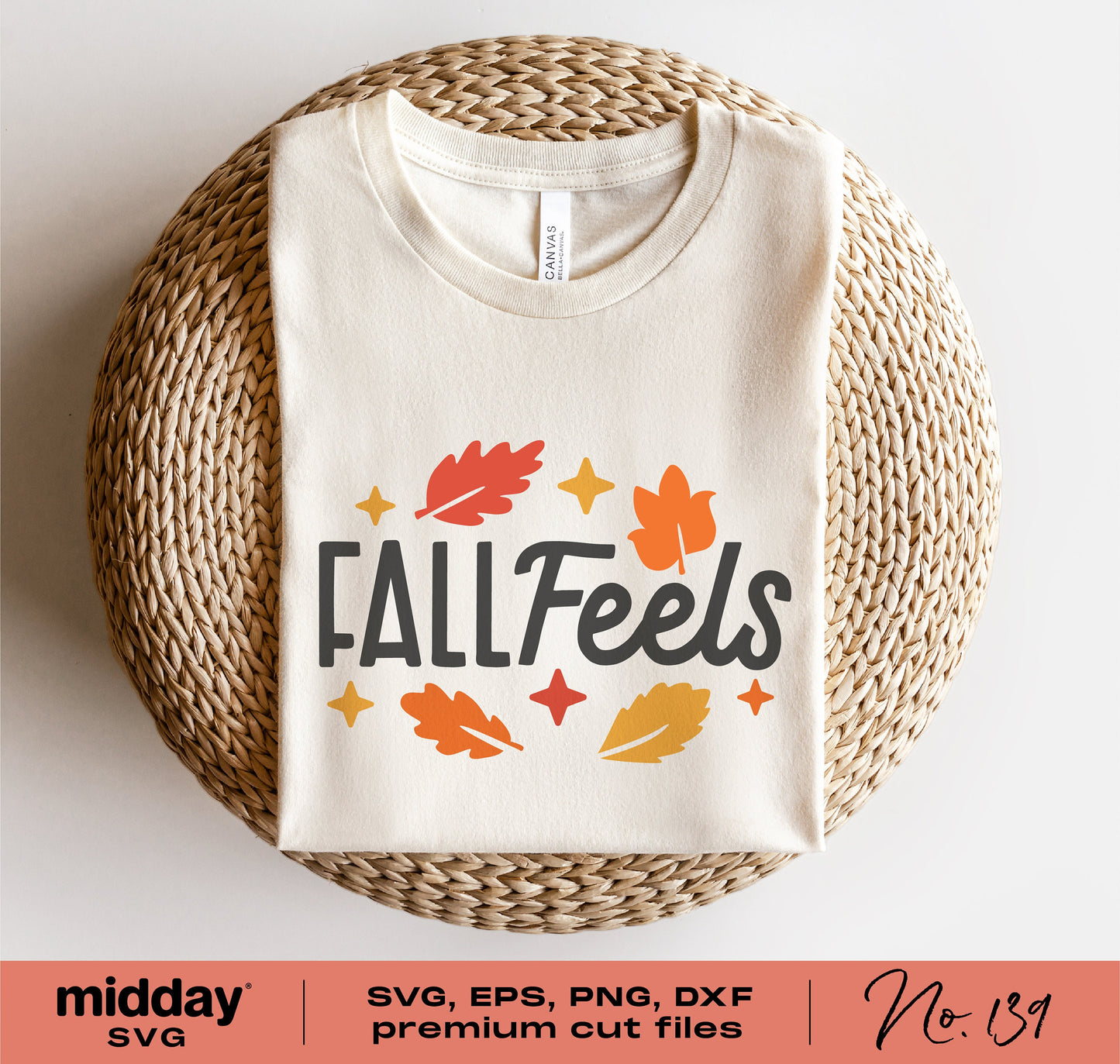 Fall Feels T-shirt with autumn leaves design, SVG cut file for Cricut and Silhouette, includes PNG, DXF, and EPS formats.