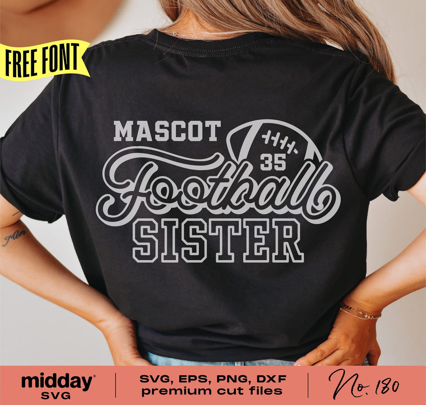 Woman wearing Football Sister shirt with number 35, showcasing SVG design for Cricut and Silhouette cutting machines.