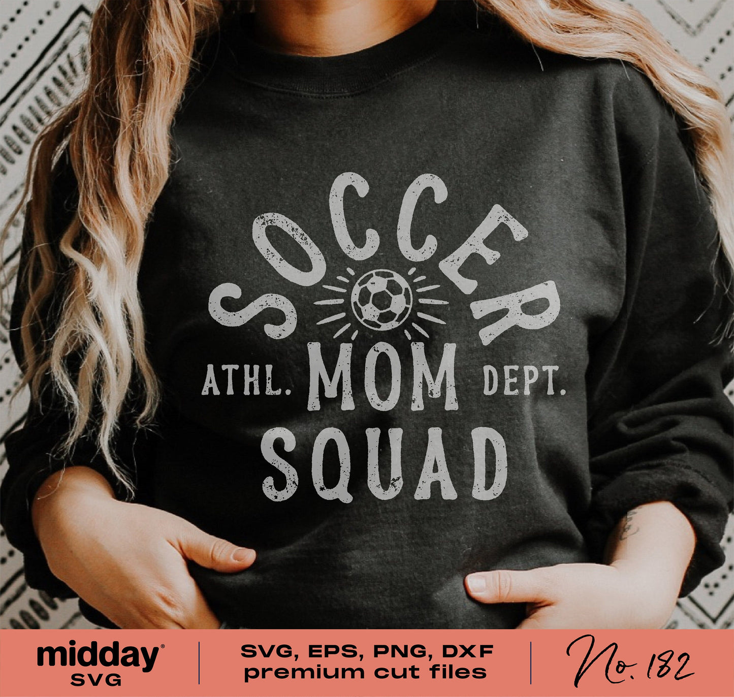Sweatshirt with 'Soccer Mom Squad' design in boho style, ideal for Cricut and Silhouette crafting.