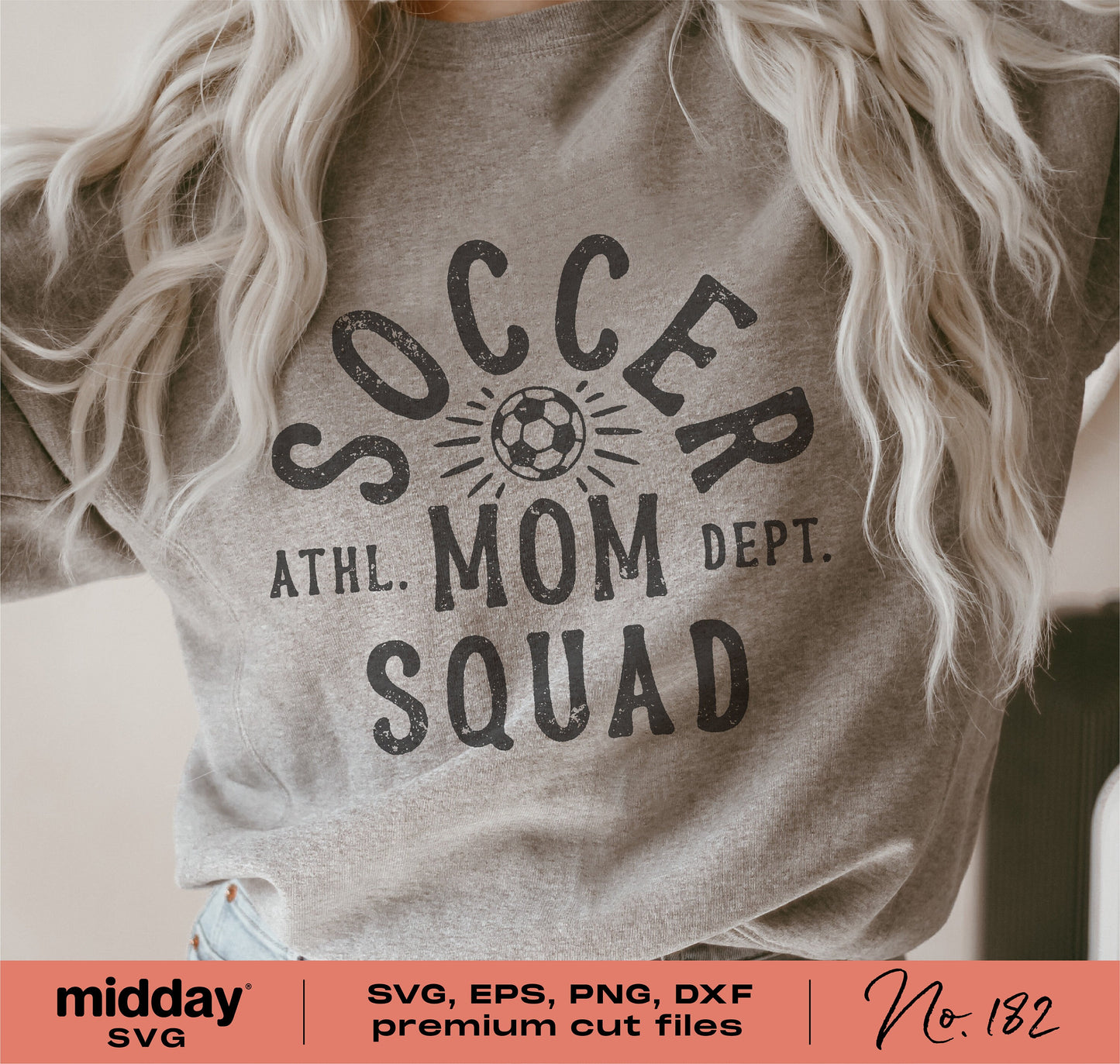 Woman wearing a 'Soccer Mom Squad' graphic tee, ideal for Cricut and Silhouette crafting, featuring boho design and soccer elements.