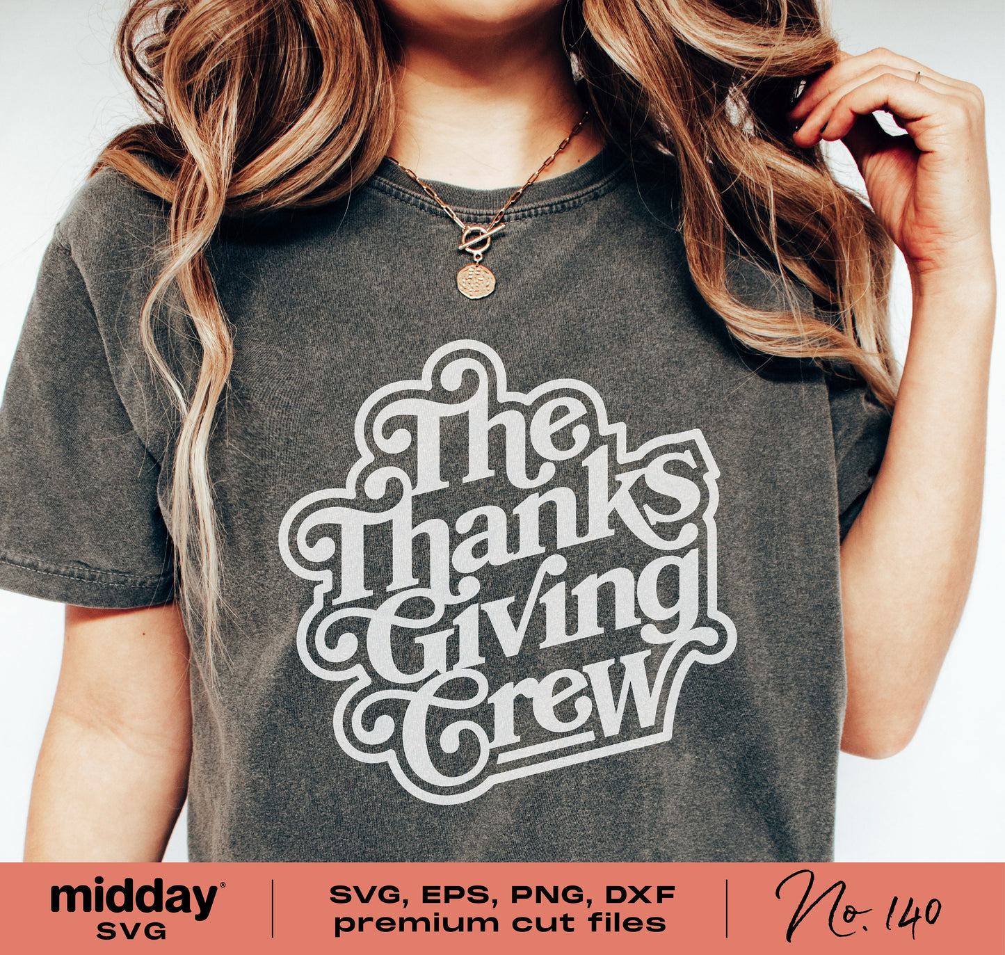 "Thanksgiving Crew" graphic on a t-shirt, available as SVG, PNG, DXF, EPS cut files for Cricut and Silhouette, perfect for family shirts.