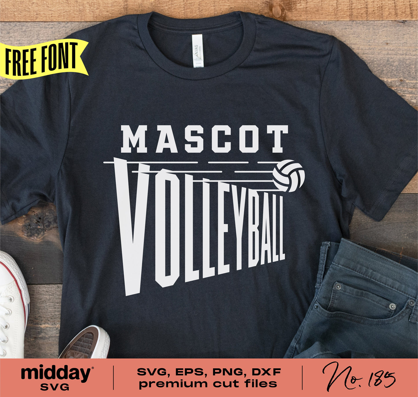 Volleyball SVG team shirt with mascot logo and ball design, includes free font and premium cut files in SVG, EPS, PNG, DXF formats.