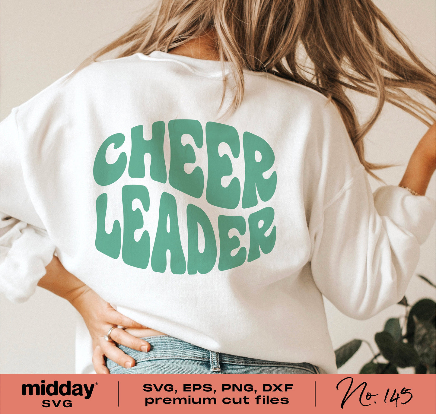 Retro cheerleader shirt with green text on white, featuring SVG, EPS, PNG, DXF formats for Cricut and Silhouette cutting.